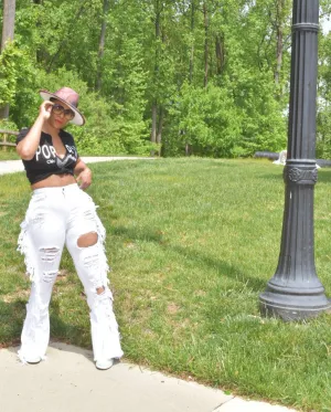 White High Waisted Fringed and Distressed Jeans