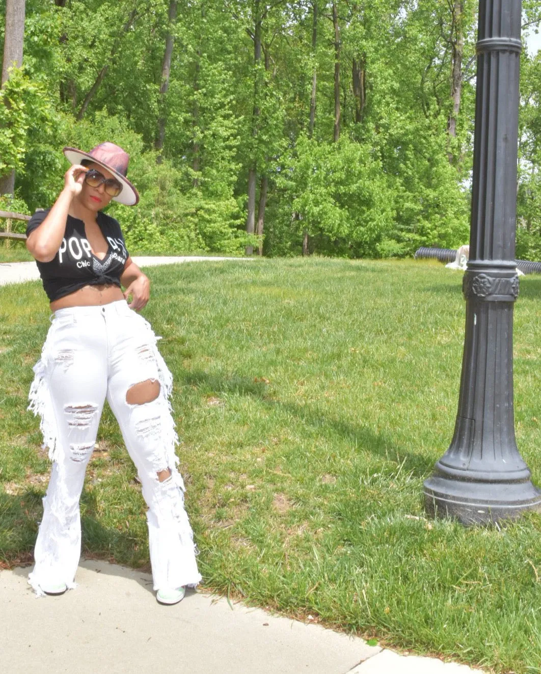 White High Waisted Fringed and Distressed Jeans