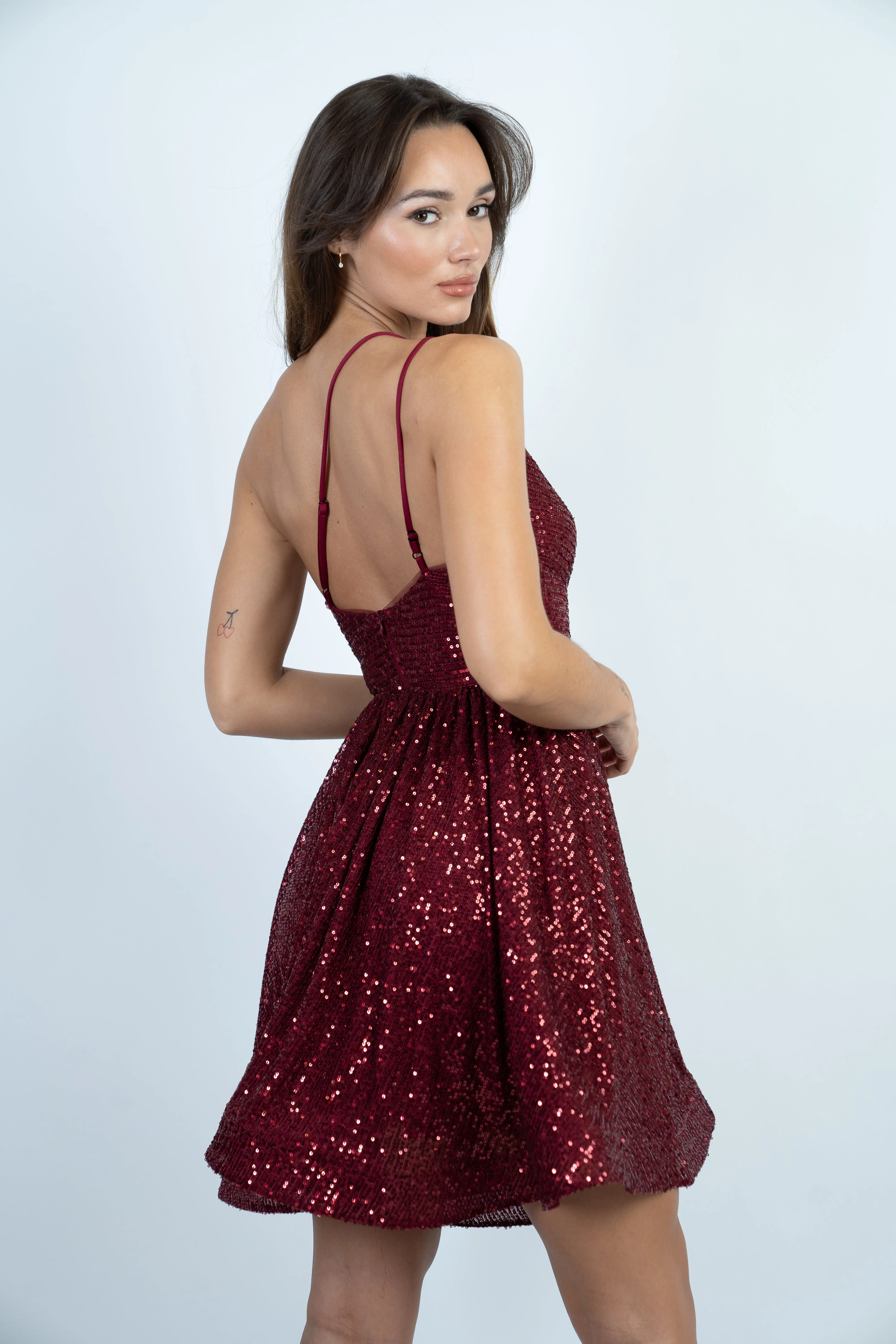 Wine One Shoulder Sequin Skater Dress