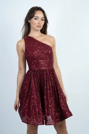 Wine One Shoulder Sequin Skater Dress