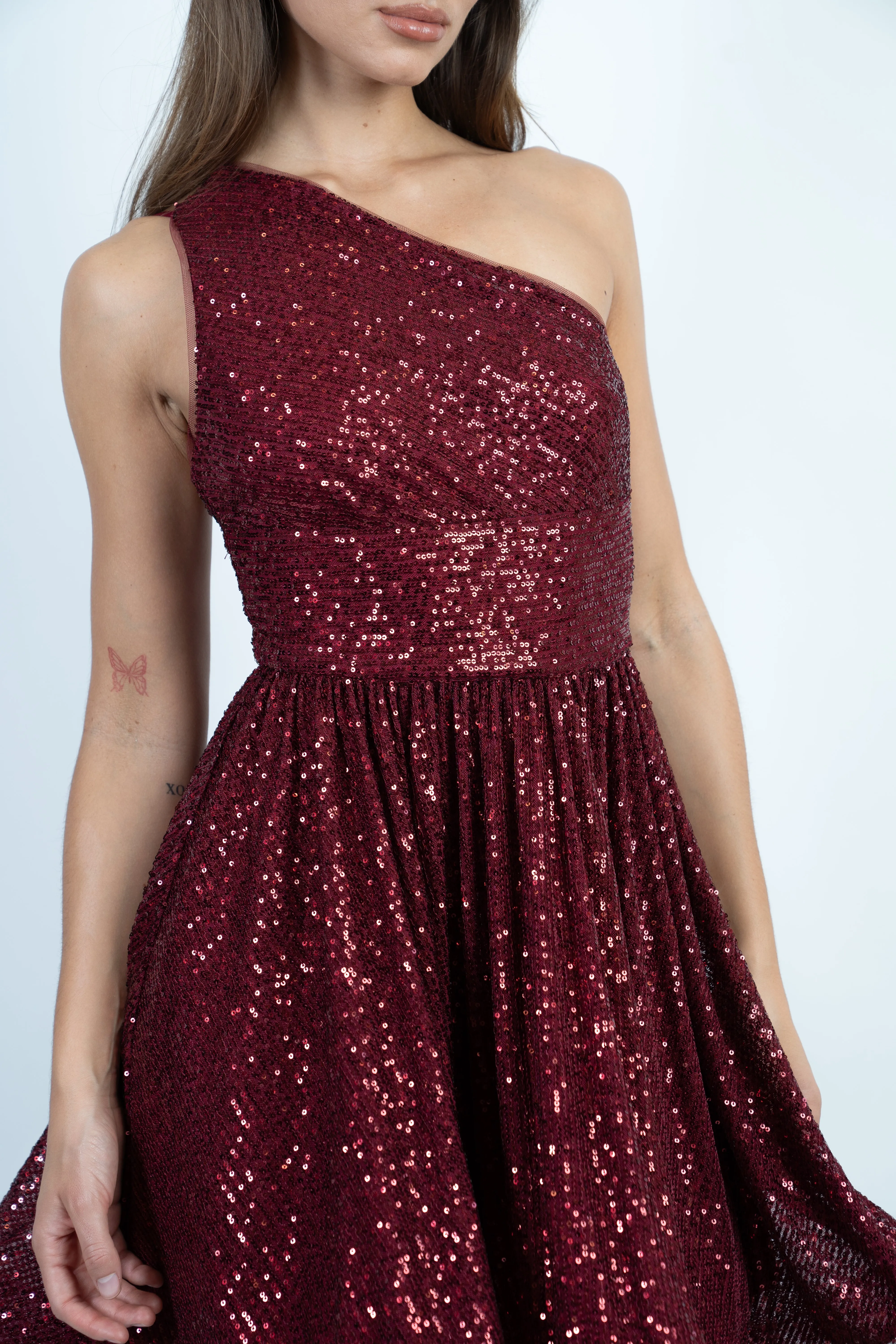 Wine One Shoulder Sequin Skater Dress