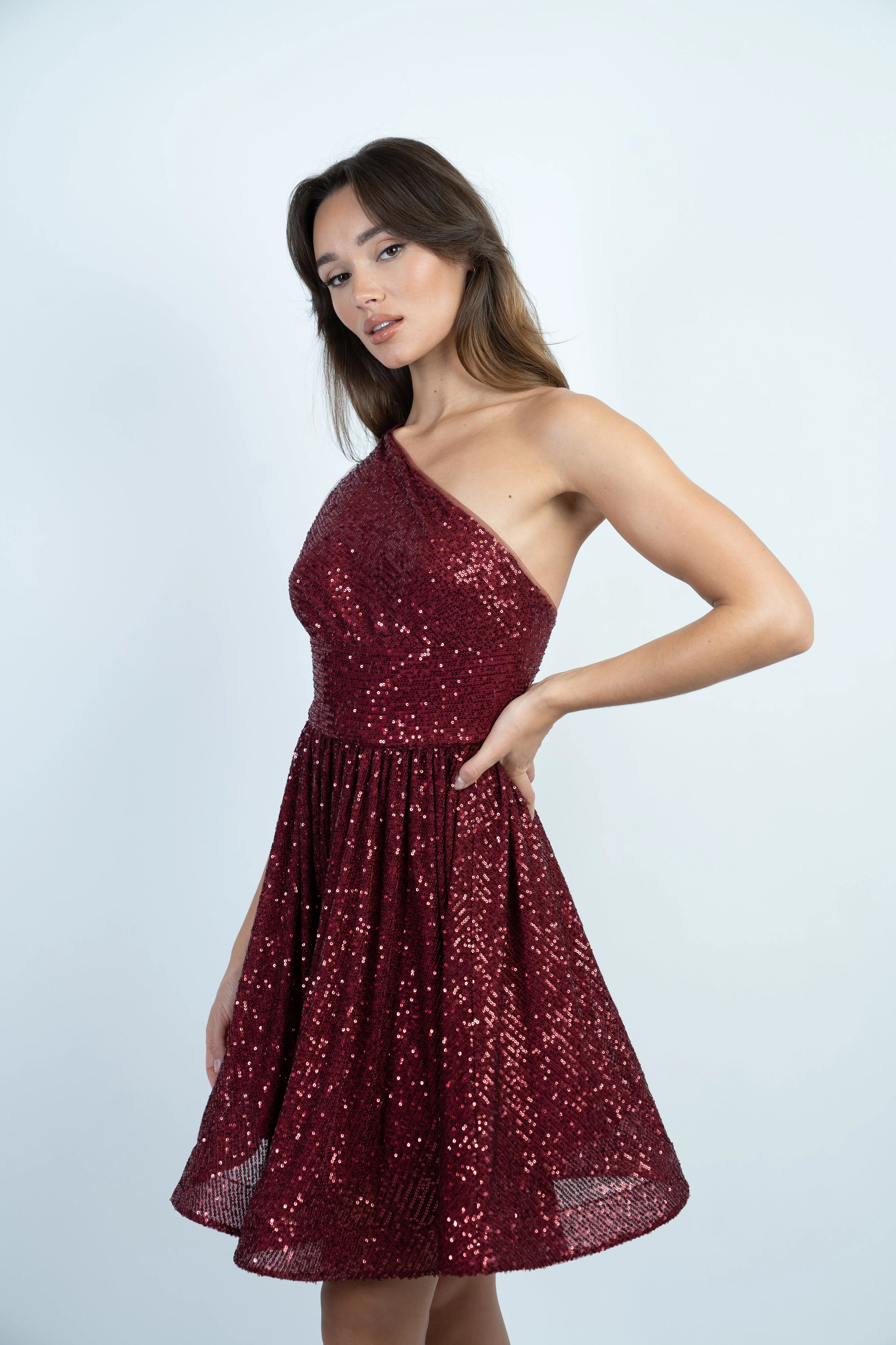 Wine One Shoulder Sequin Skater Dress