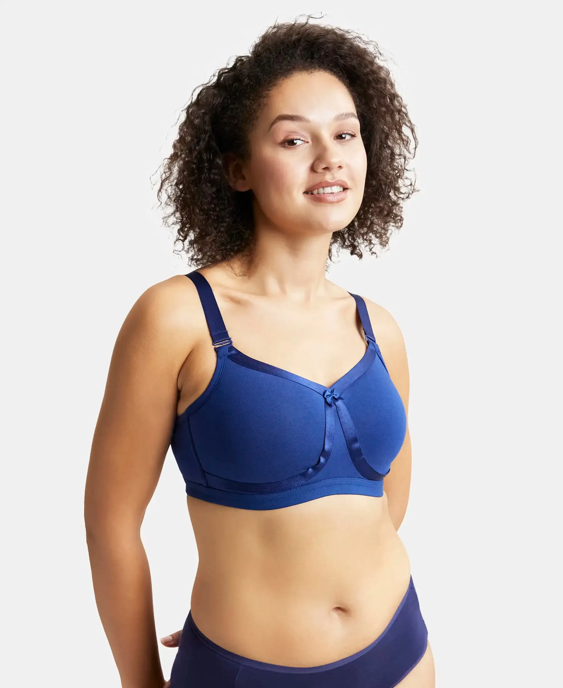 Wirefree Non Padded Plus Size Super Combed Cotton Elastane Stretch Full Coverage Everyday Bra with Detachable Straps - Blue Depth