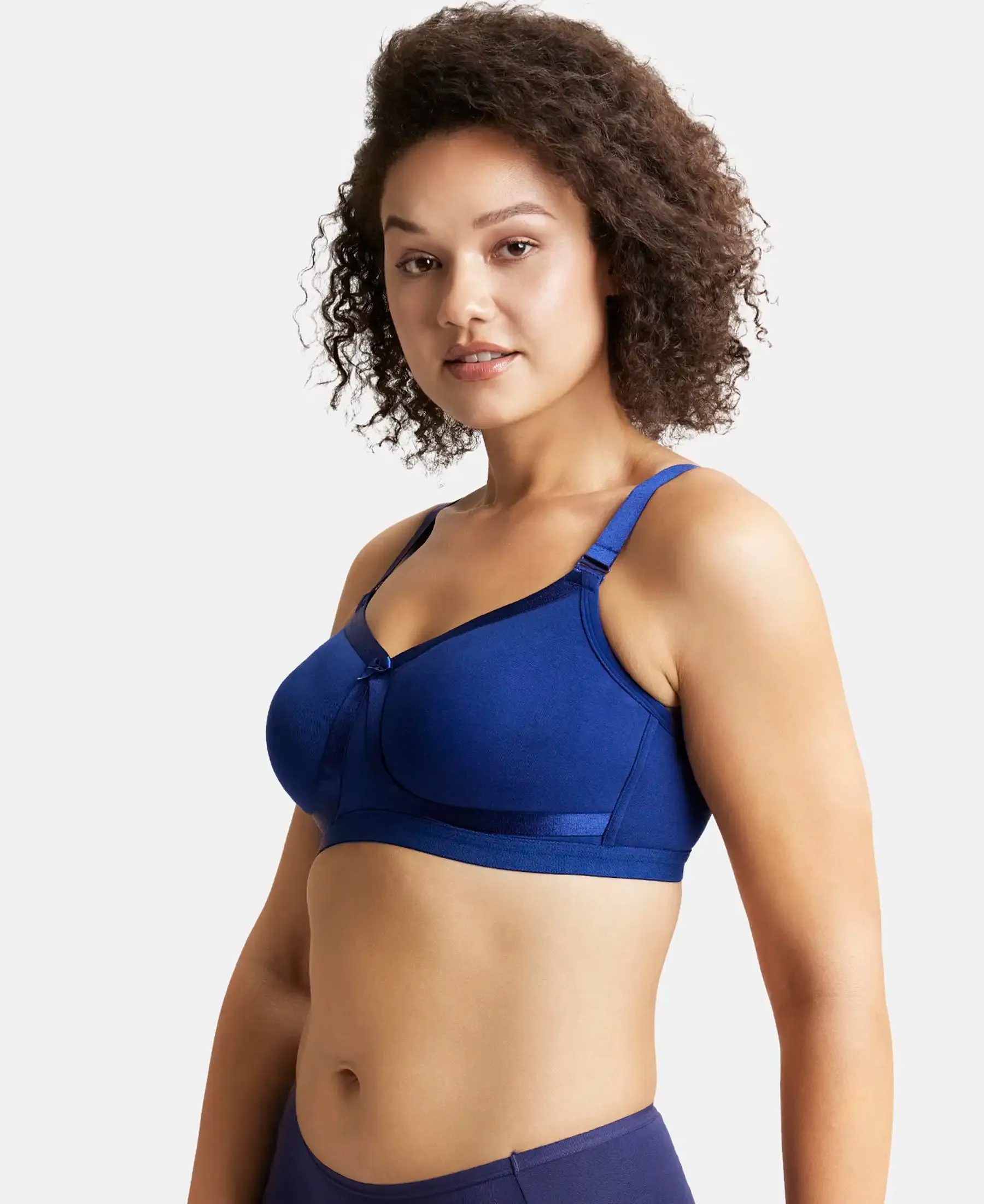 Wirefree Non Padded Plus Size Super Combed Cotton Elastane Stretch Full Coverage Everyday Bra with Detachable Straps - Blue Depth