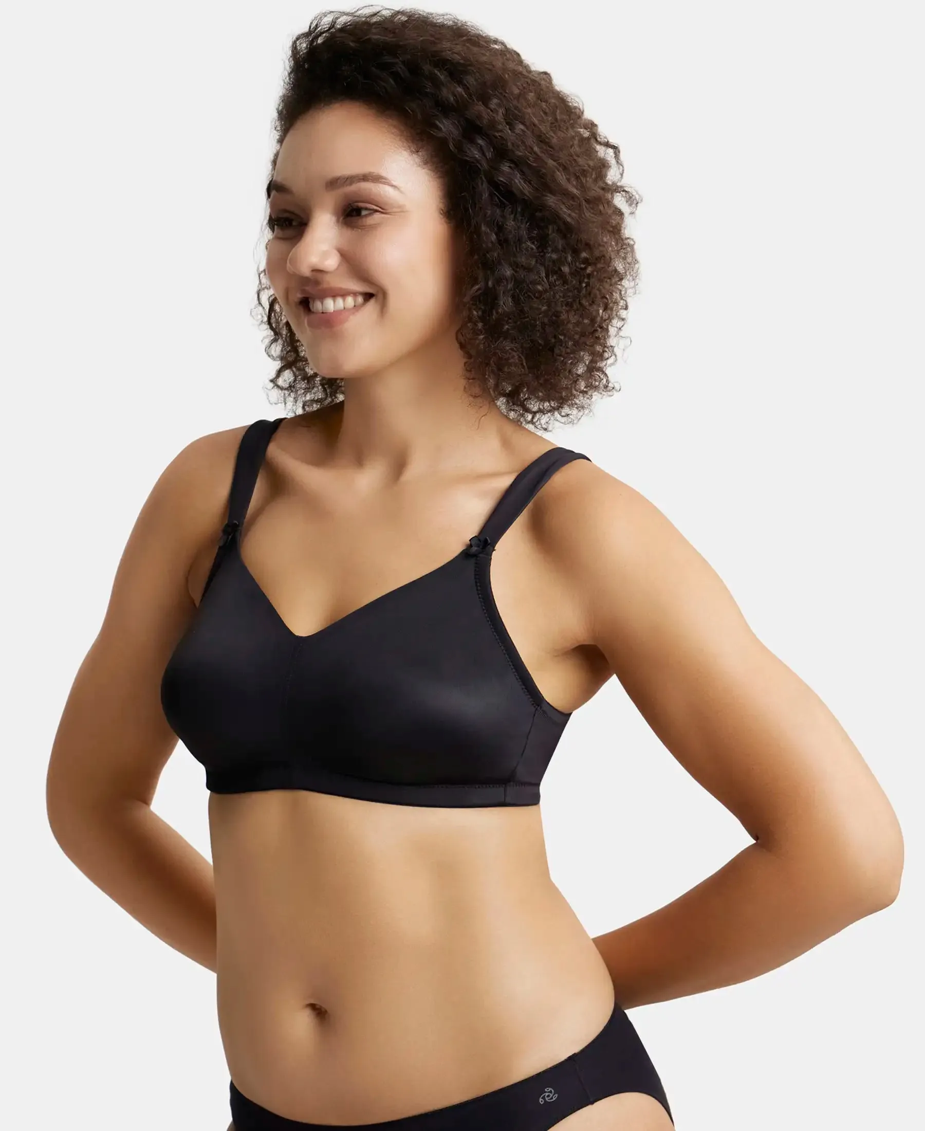 Wirefree Non Padded Soft Touch Microfiber Elastane Stretch Full Coverage Minimizer Bra with Broad Cushioned Fabric Strap - Black
