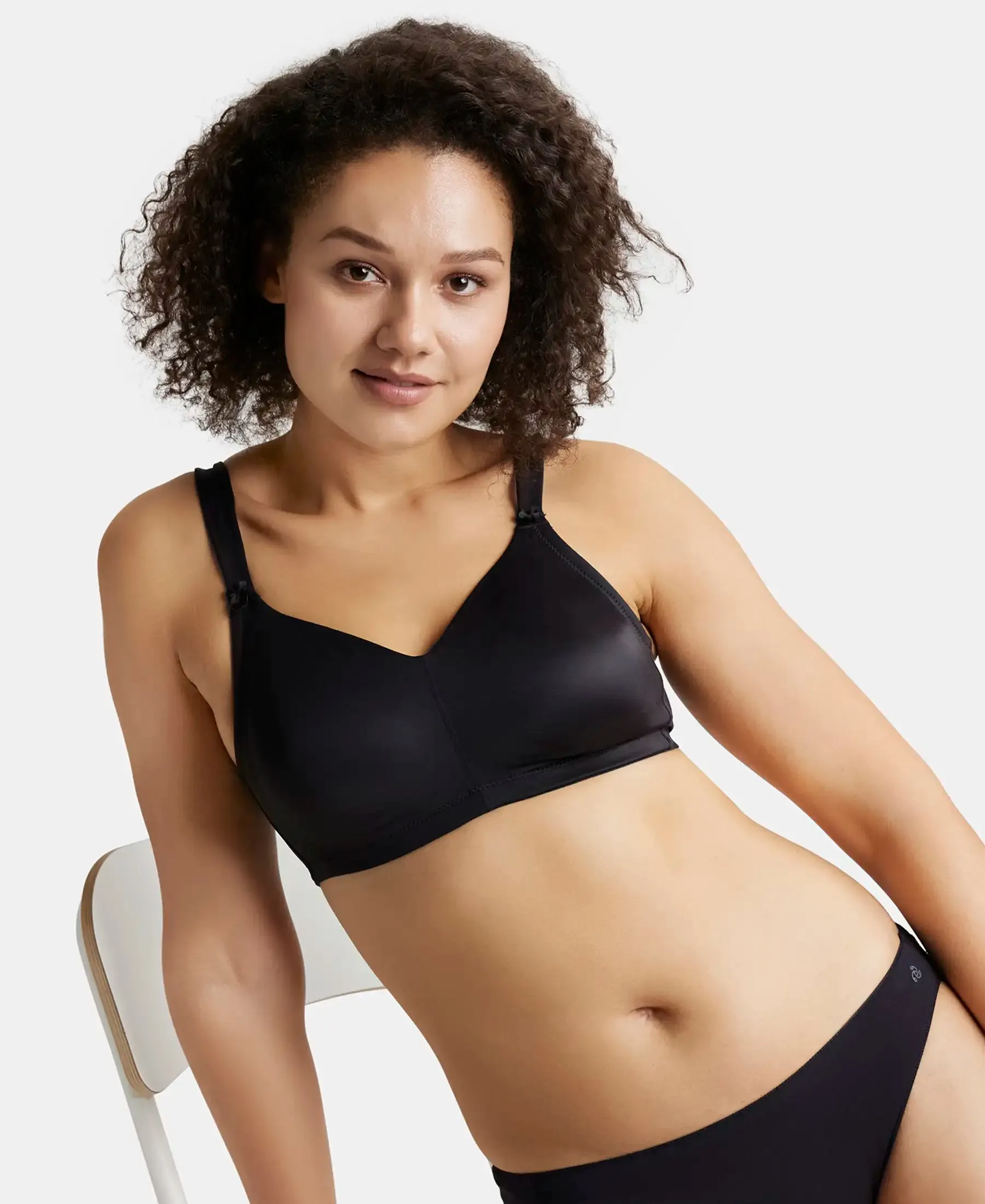 Wirefree Non Padded Soft Touch Microfiber Elastane Stretch Full Coverage Minimizer Bra with Broad Cushioned Fabric Strap - Black