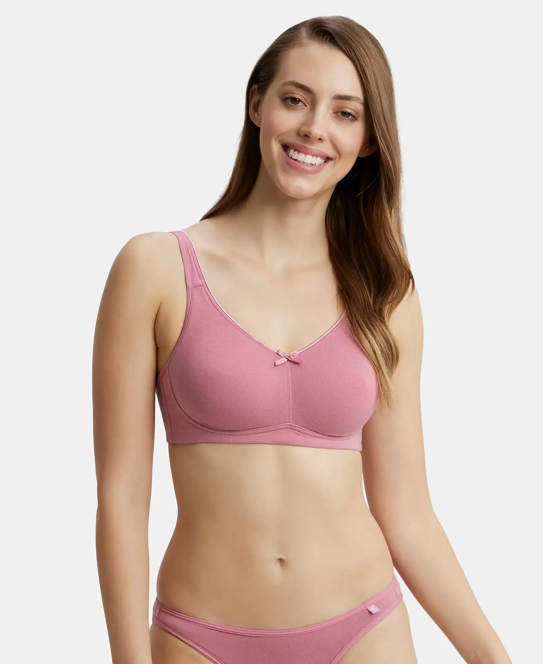 Wirefree Non Padded Super Combed Cotton Elastane Stretch Full Coverage Everyday Bra with Concealed Shaper Panel - Heather Rose