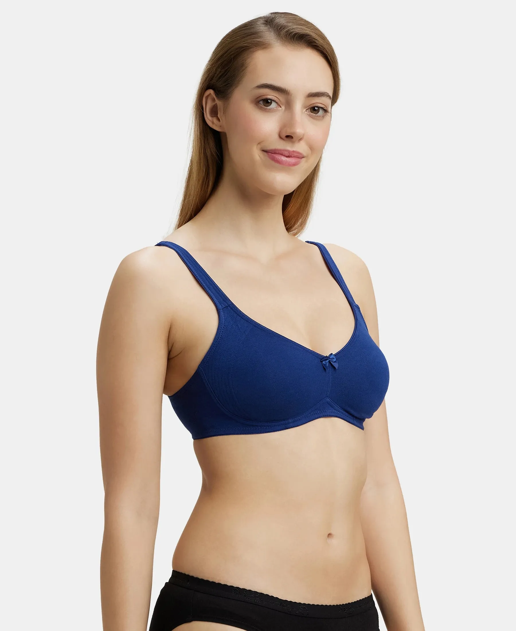 Wirefree Non Padded Super Combed Cotton Elastane Stretch Full Coverage Everyday Bra with Contoured Shaper Panel and Adjustable Straps - Blue Depth
