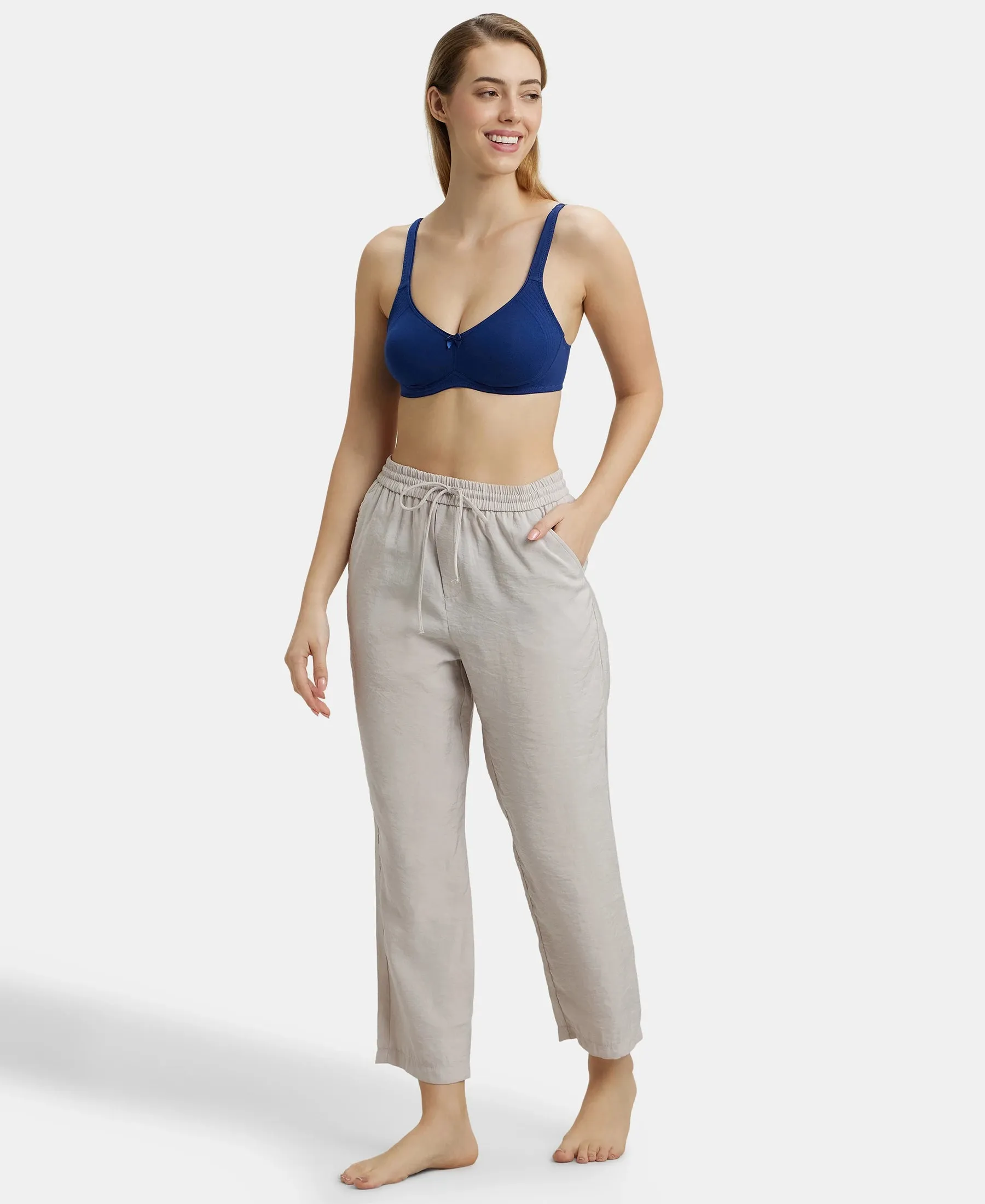 Wirefree Non Padded Super Combed Cotton Elastane Stretch Full Coverage Everyday Bra with Contoured Shaper Panel and Adjustable Straps - Blue Depth