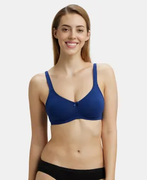 Wirefree Non Padded Super Combed Cotton Elastane Stretch Full Coverage Everyday Bra with Contoured Shaper Panel and Adjustable Straps - Blue Depth