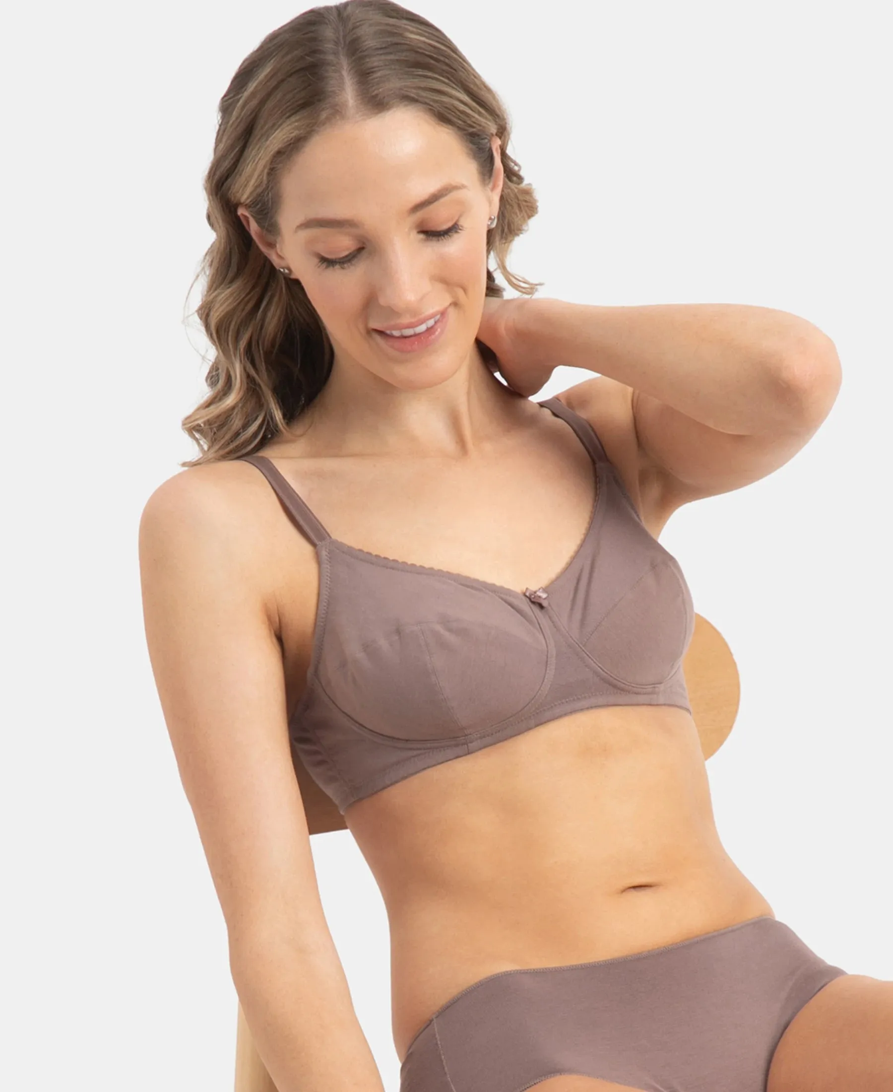 Wirefree Non Padded Super Combed Cotton Elastane Stretch Full Coverage Everyday Bra with Soft Adjustable Straps - Deep Taupe