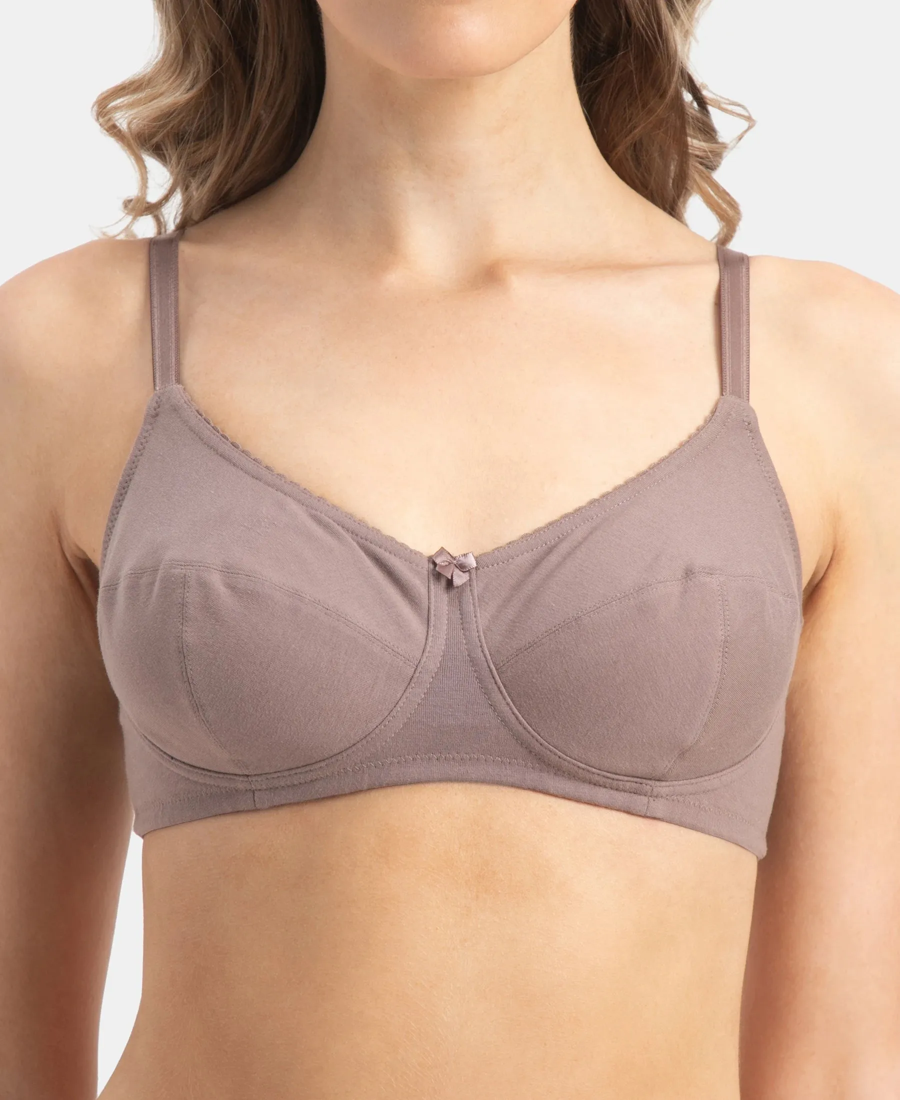 Wirefree Non Padded Super Combed Cotton Elastane Stretch Full Coverage Everyday Bra with Soft Adjustable Straps - Deep Taupe