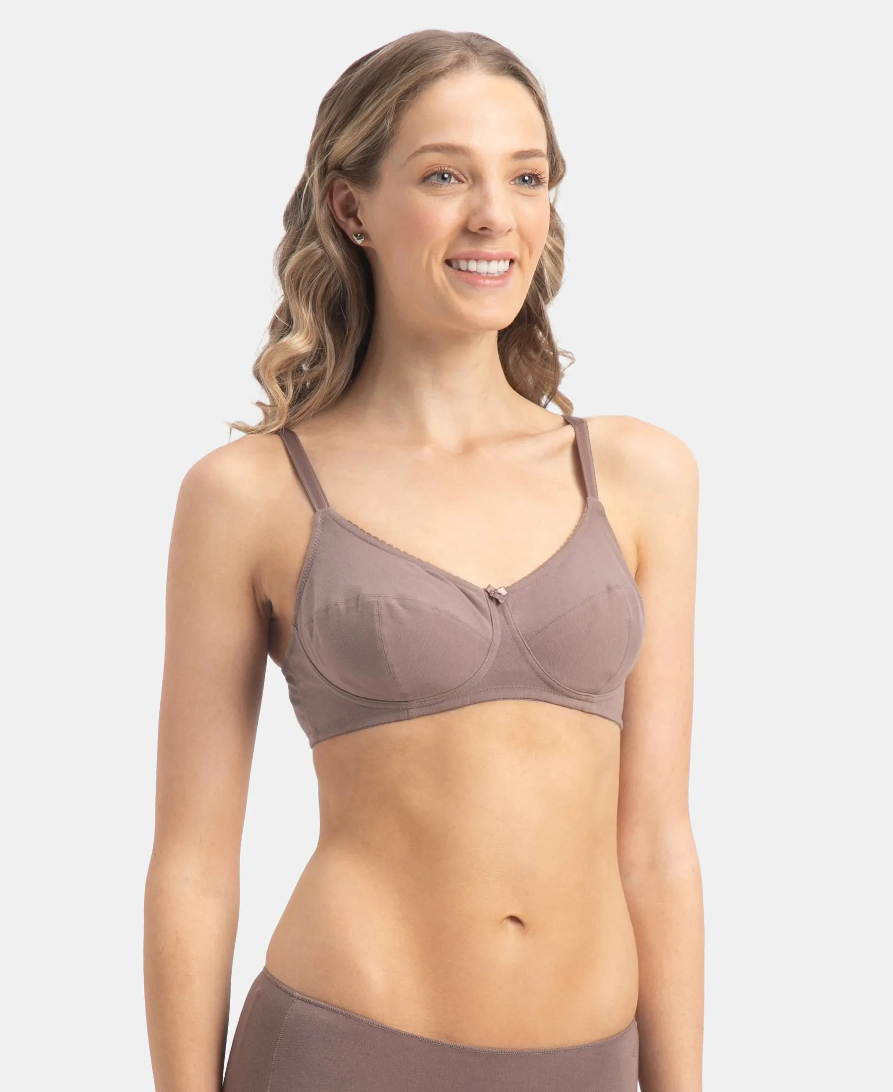 Wirefree Non Padded Super Combed Cotton Elastane Stretch Full Coverage Everyday Bra with Soft Adjustable Straps - Deep Taupe