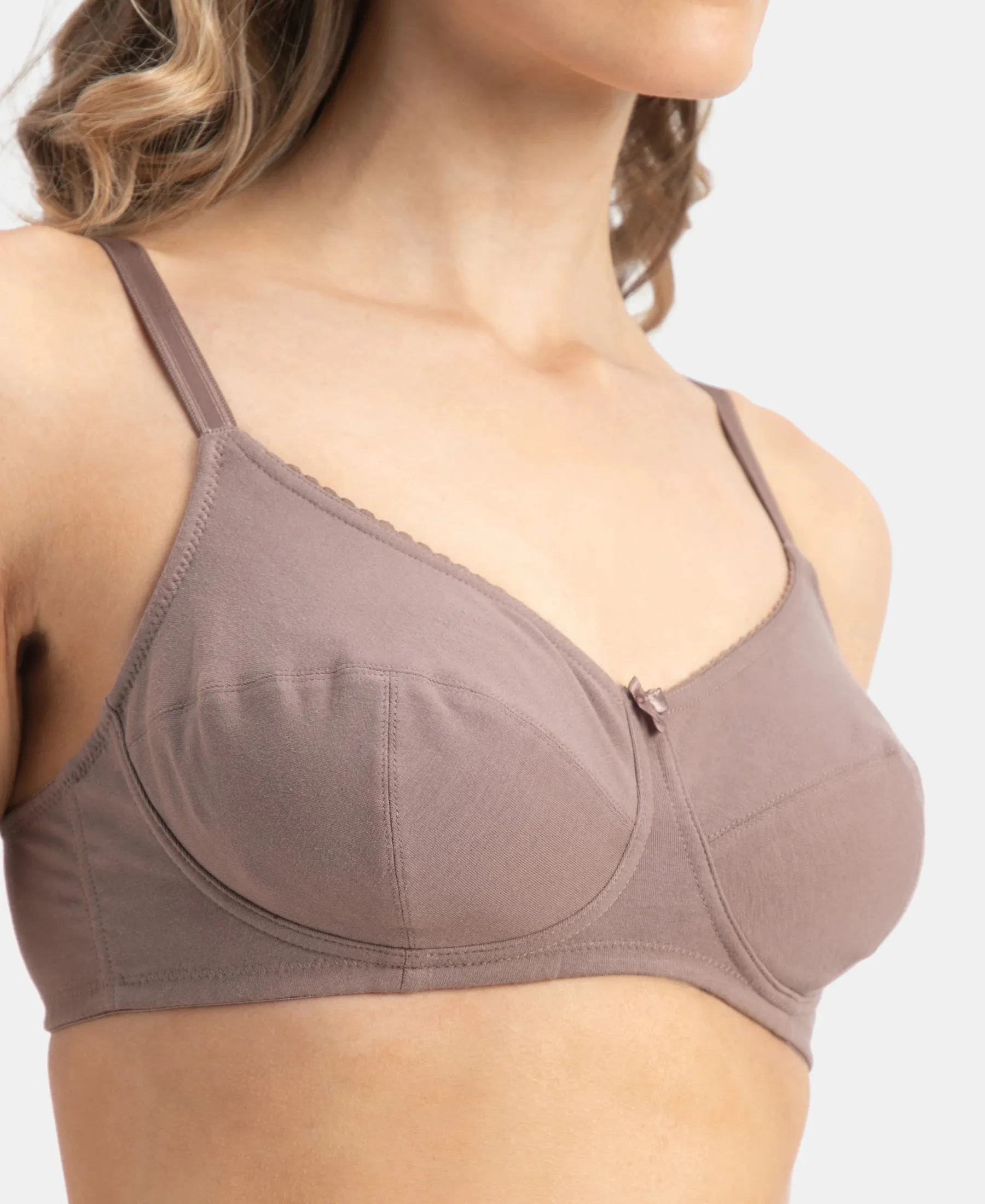 Wirefree Non Padded Super Combed Cotton Elastane Stretch Full Coverage Everyday Bra with Soft Adjustable Straps - Deep Taupe