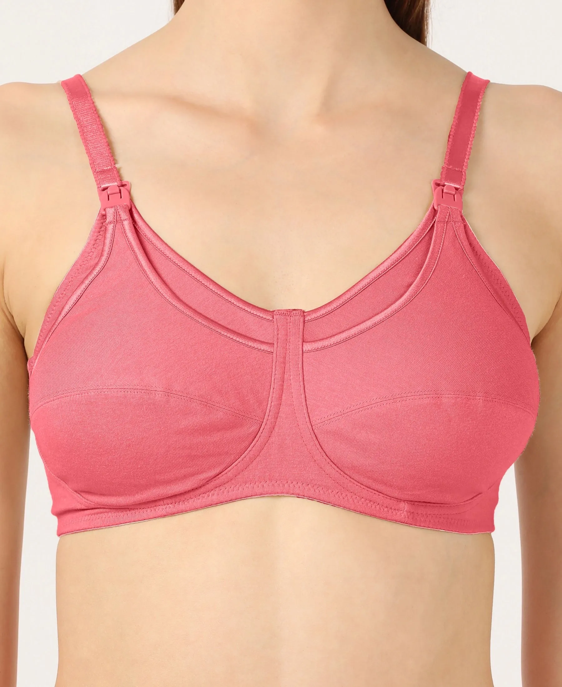 Wirefree Non Padded Super Combed Cotton Elastane Stretch Full Coverage Nursing Bra with Front Clasp Opening - Rose Wine