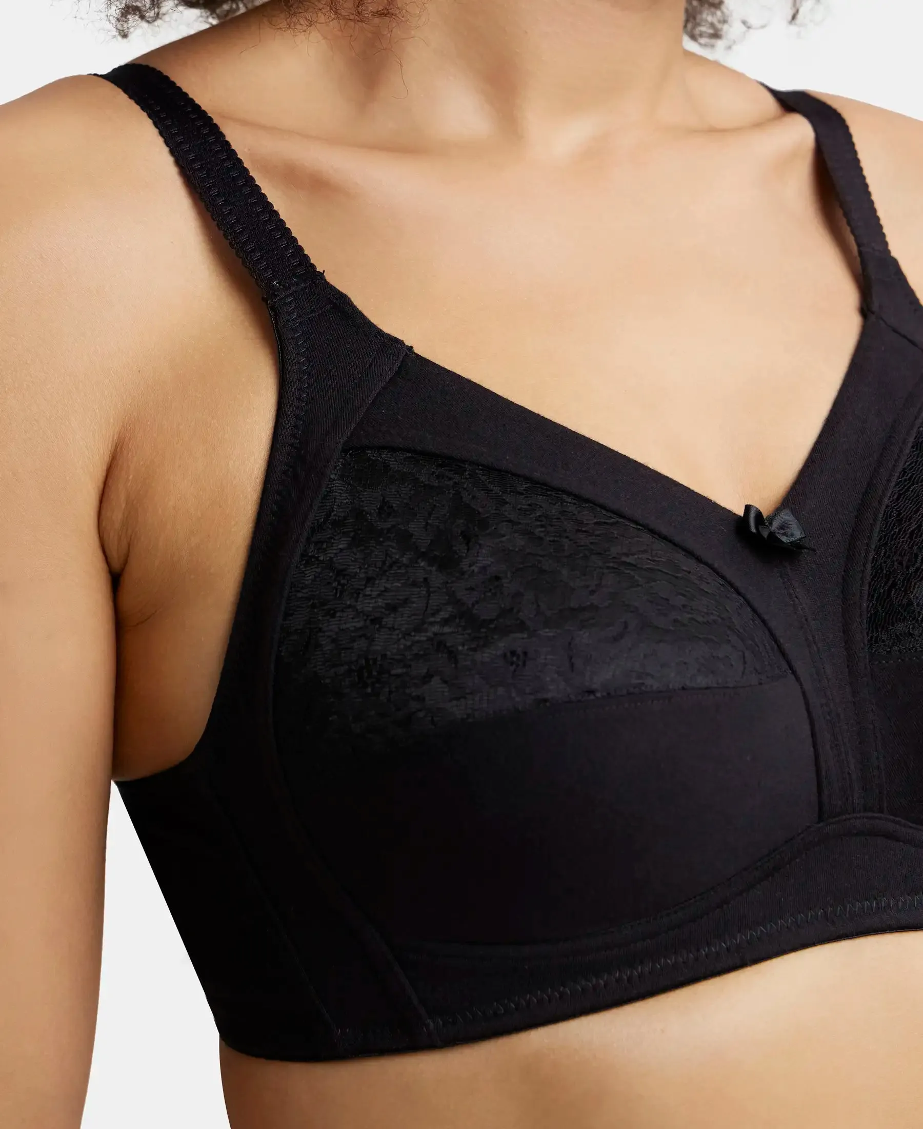 Wirefree Non Padded Super Combed Cotton Elastane Stretch Full Coverage Plus Size Bra with Lace Styling - Black