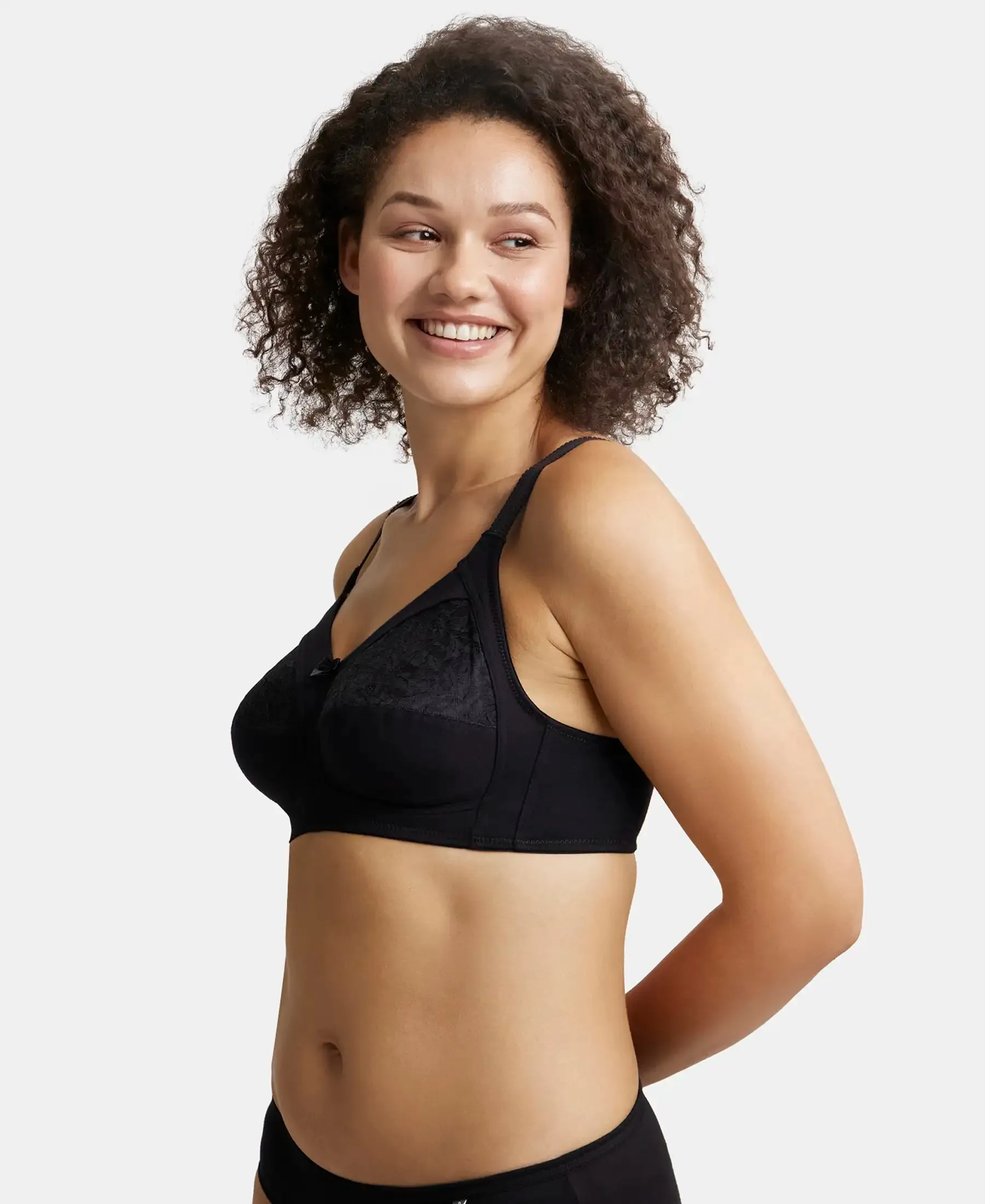 Wirefree Non Padded Super Combed Cotton Elastane Stretch Full Coverage Plus Size Bra with Lace Styling - Black