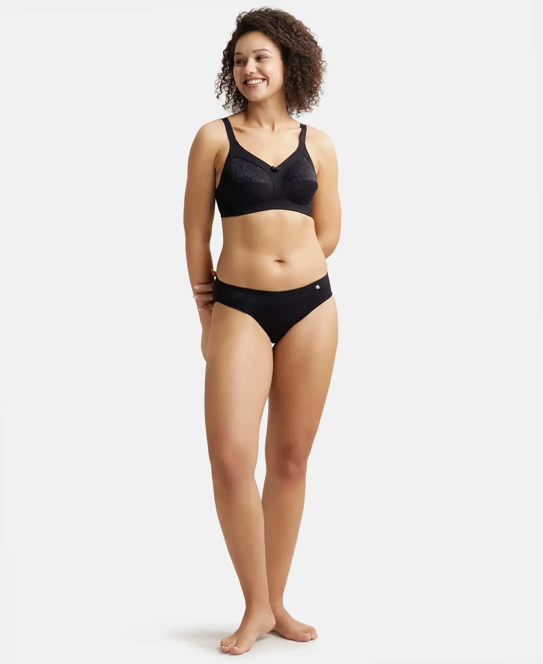Wirefree Non Padded Super Combed Cotton Elastane Stretch Full Coverage Plus Size Bra with Lace Styling - Black