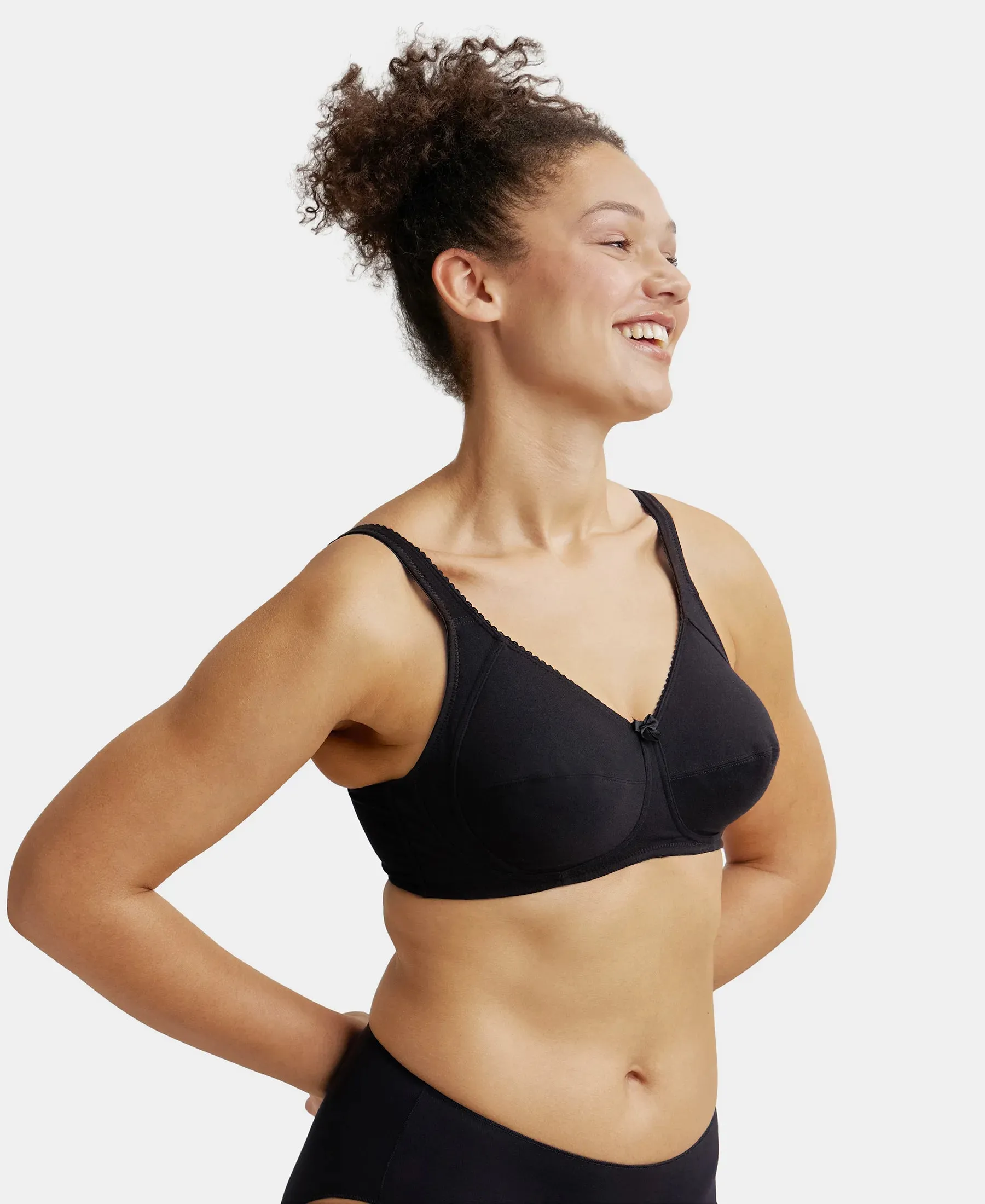 Wirefree Non Padded Super Combed Cotton Elastane Stretch Full Coverage Plus Size Bra with Side Panel Support - Black