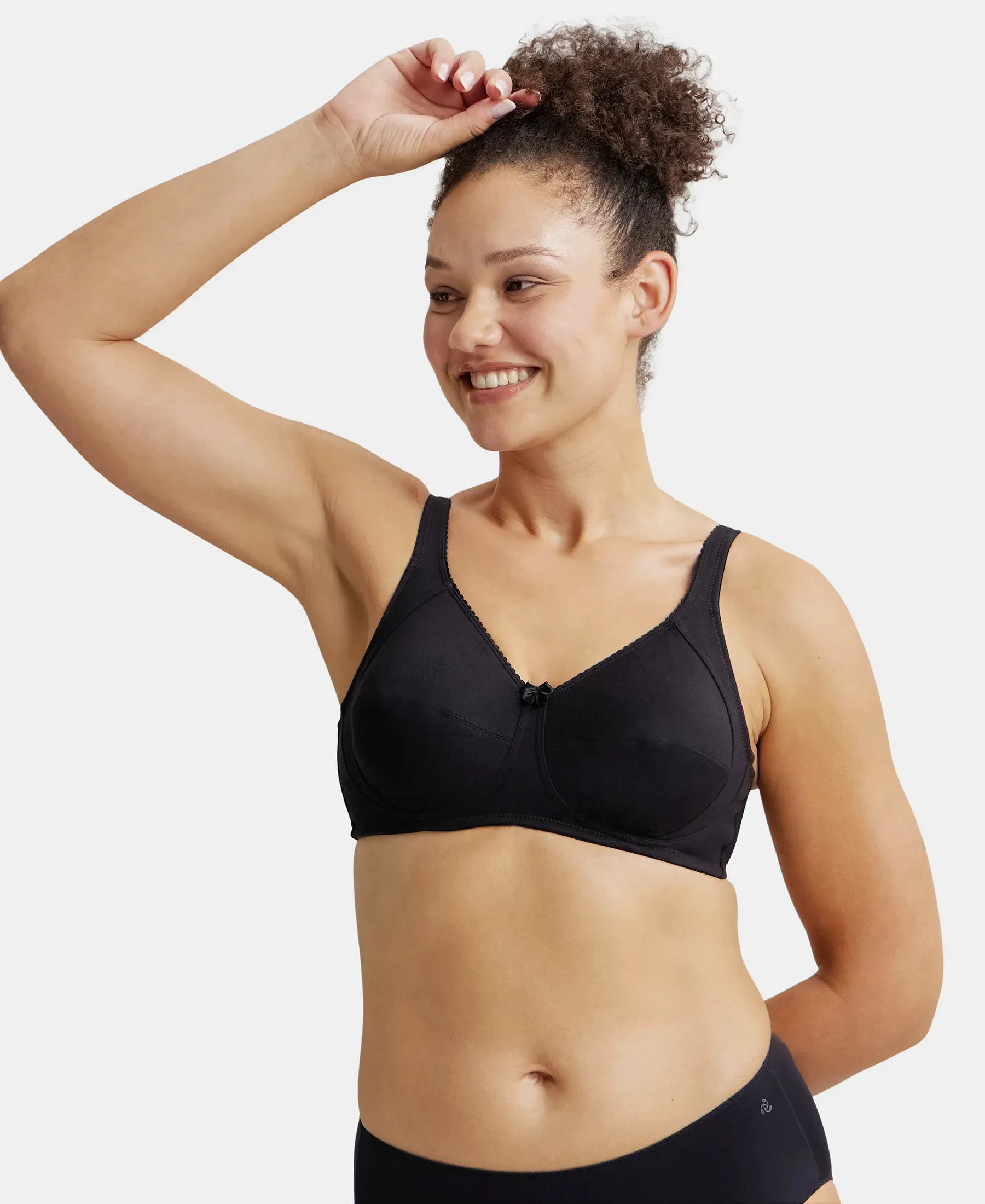 Wirefree Non Padded Super Combed Cotton Elastane Stretch Full Coverage Plus Size Bra with Side Panel Support - Black