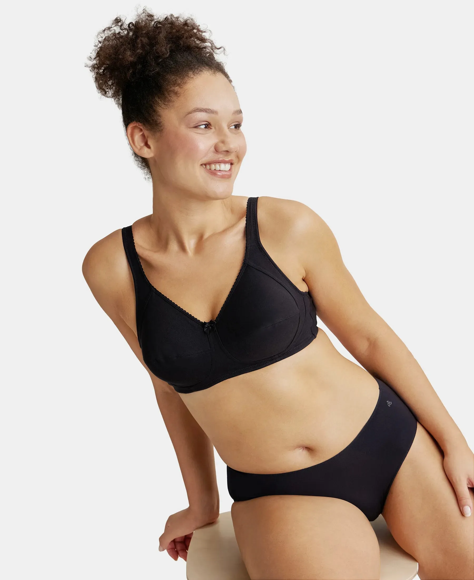 Wirefree Non Padded Super Combed Cotton Elastane Stretch Full Coverage Plus Size Bra with Side Panel Support - Black