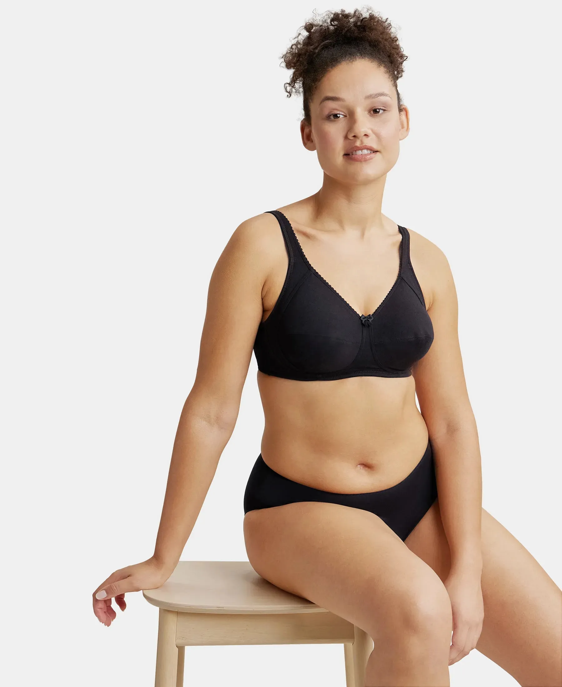 Wirefree Non Padded Super Combed Cotton Elastane Stretch Full Coverage Plus Size Bra with Side Panel Support - Black