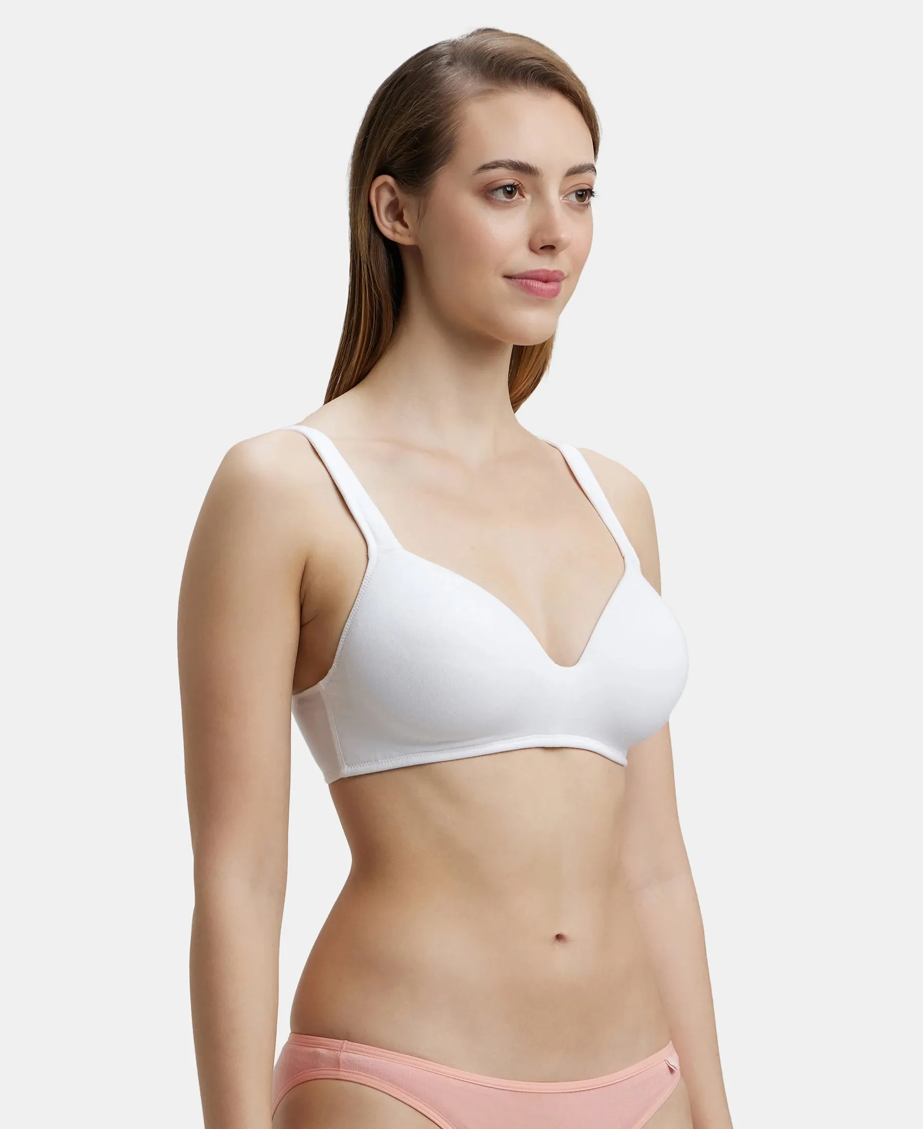 Wirefree Padded Super Combed Cotton Elastane Stretch Full Coverage Lounge Bra with Broad Cushioned Fabric Strap - White