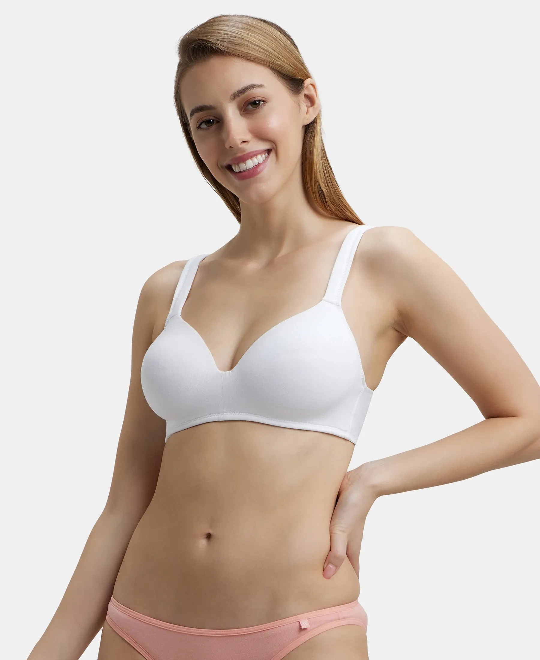 Wirefree Padded Super Combed Cotton Elastane Stretch Full Coverage Lounge Bra with Broad Cushioned Fabric Strap - White