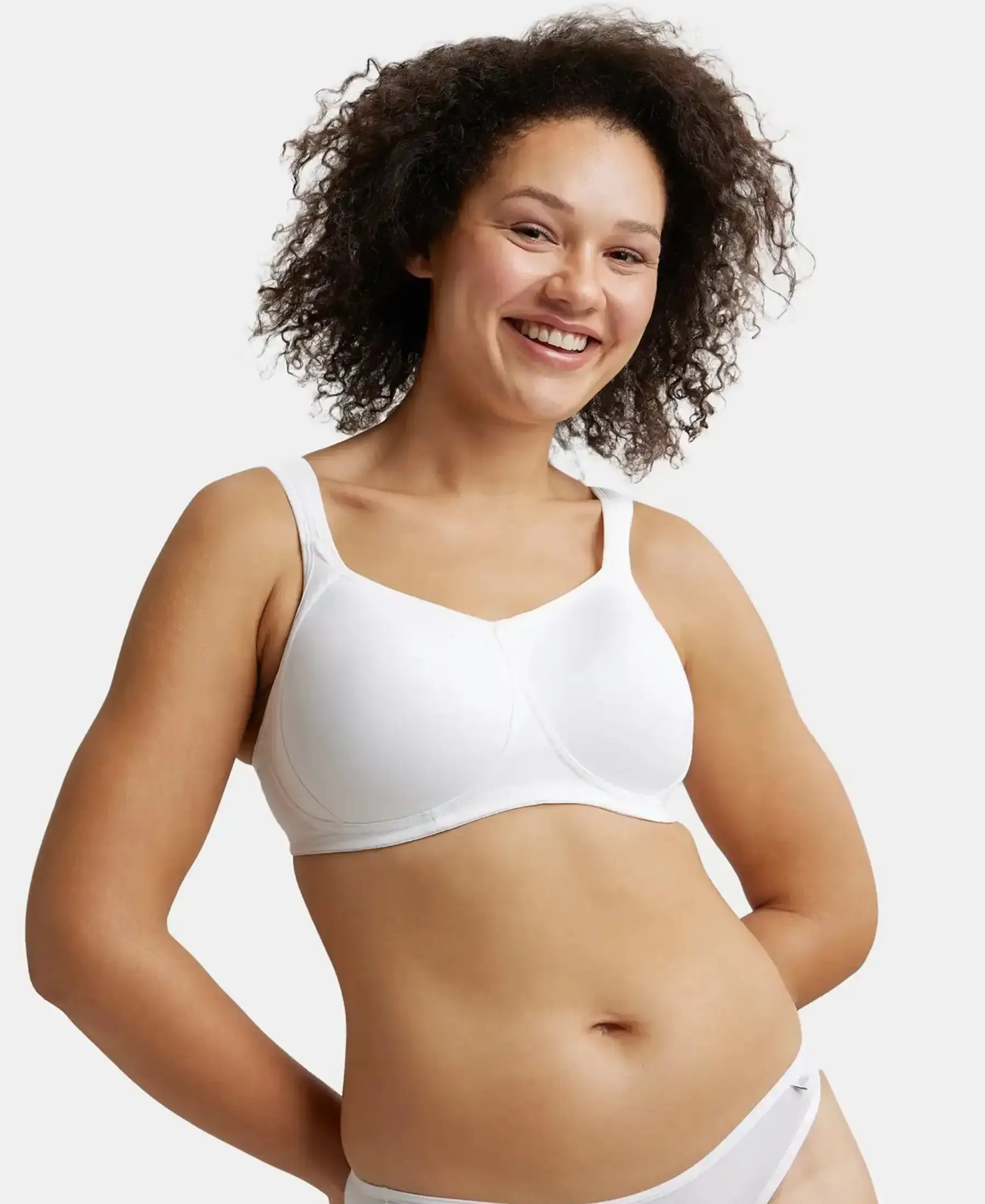 Wirefree Padded Super Combed Cotton Elastane Stretch Full Coverage Plus Size Bra with Broad Cushioned Fabric Strap - White