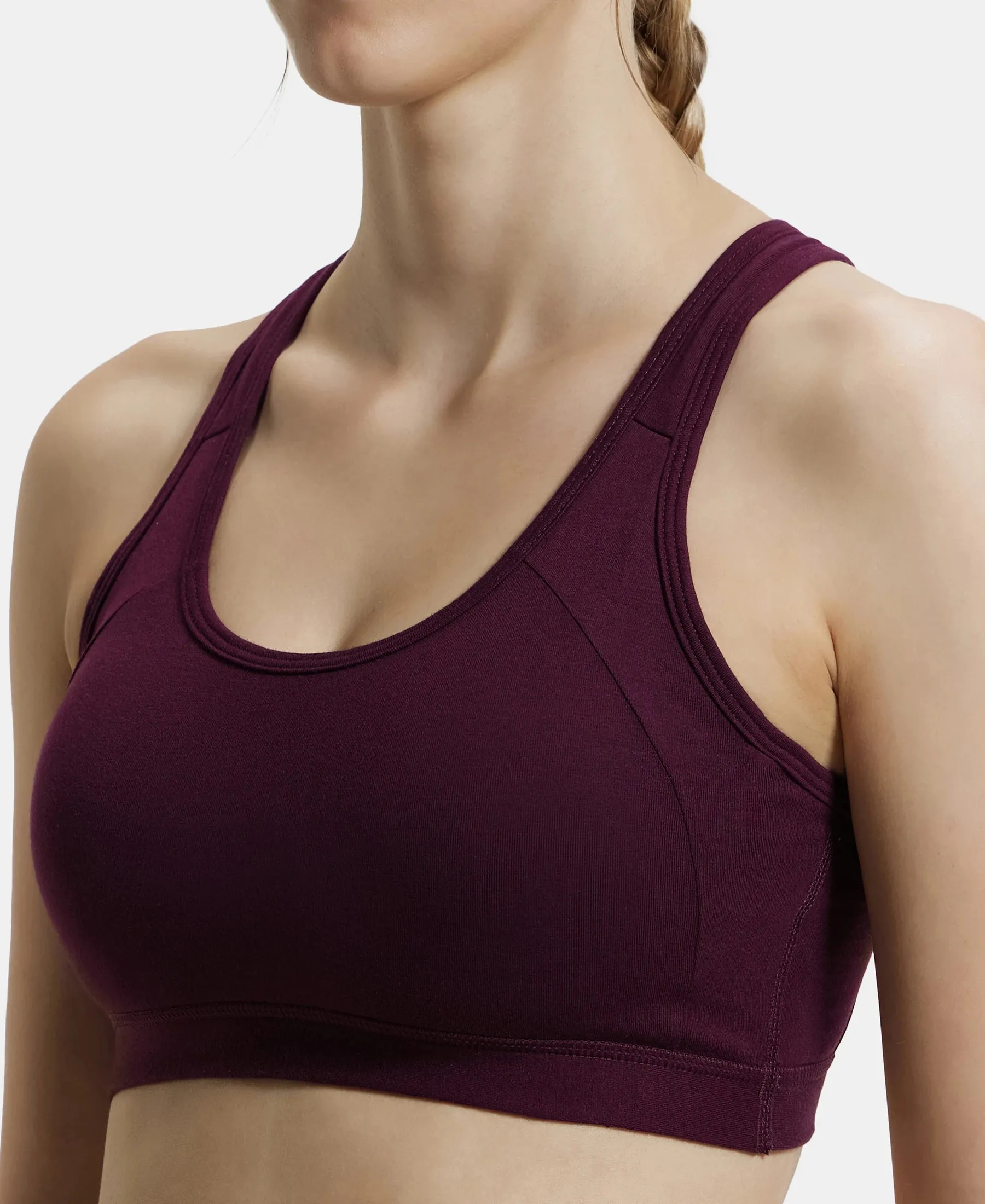 Wirefree Padded Super Combed Cotton Elastane Stretch Full Coverage Racerback Styling Active Bra with StayFresh and Moisture Move Treatment - Wine Tasting