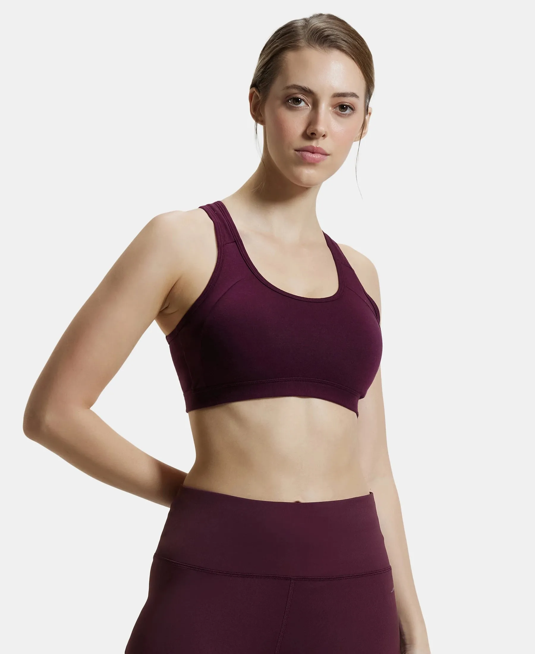 Wirefree Padded Super Combed Cotton Elastane Stretch Full Coverage Racerback Styling Active Bra with StayFresh and Moisture Move Treatment - Wine Tasting