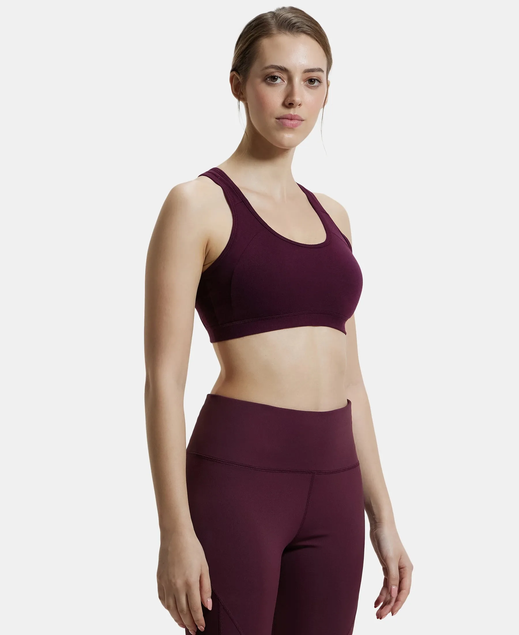 Wirefree Padded Super Combed Cotton Elastane Stretch Full Coverage Racerback Styling Active Bra with StayFresh and Moisture Move Treatment - Wine Tasting