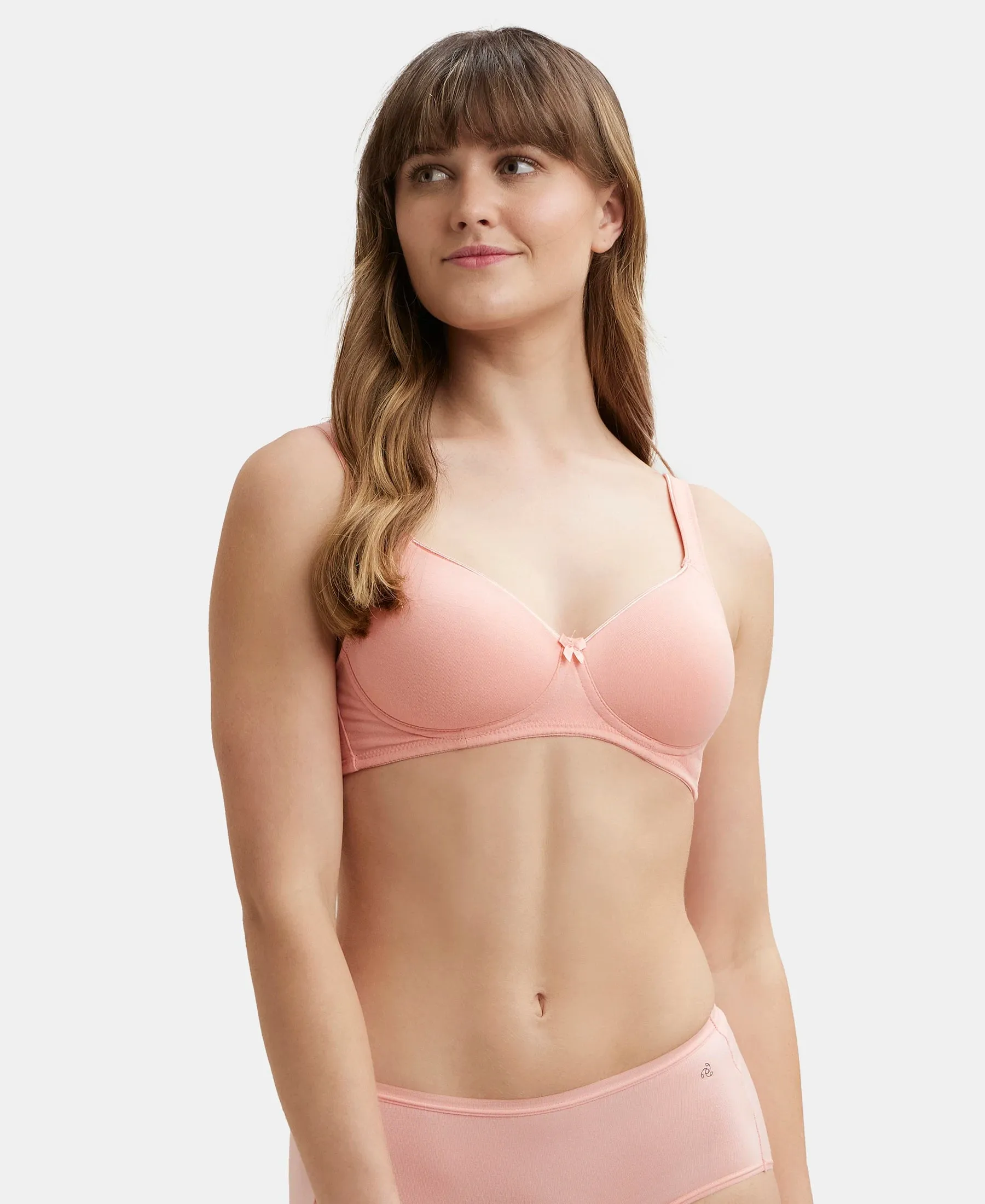 Wirefree Padded Super Combed Cotton Elastane Stretch Full Coverage T-Shirt Bra with Broad Fabric Straps - Candlelight Peach