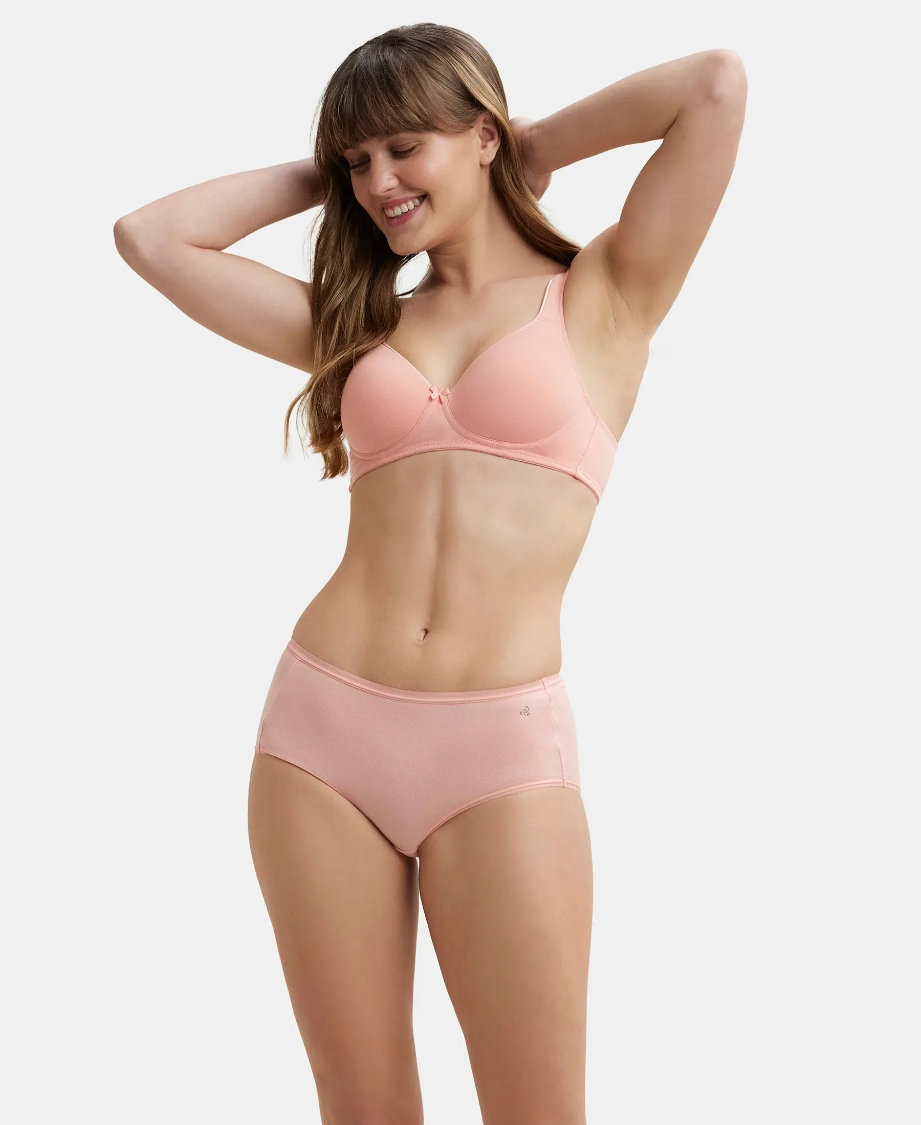 Wirefree Padded Super Combed Cotton Elastane Stretch Full Coverage T-Shirt Bra with Broad Fabric Straps - Candlelight Peach