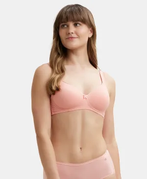 Wirefree Padded Super Combed Cotton Elastane Stretch Full Coverage T-Shirt Bra with Broad Fabric Straps - Candlelight Peach