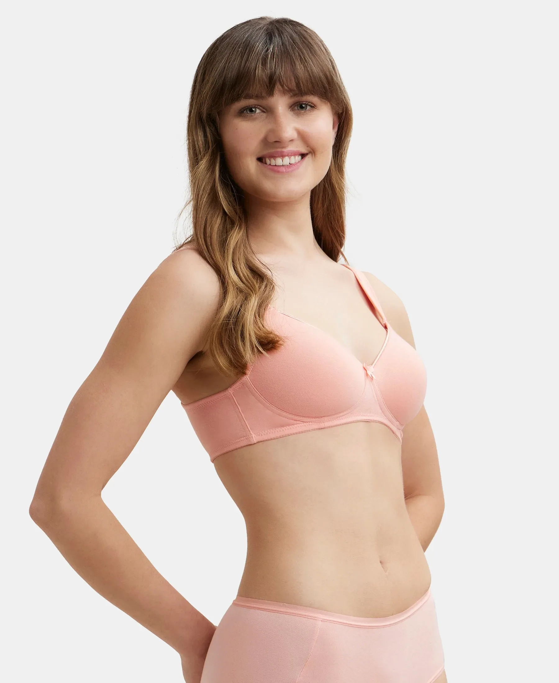 Wirefree Padded Super Combed Cotton Elastane Stretch Full Coverage T-Shirt Bra with Broad Fabric Straps - Candlelight Peach