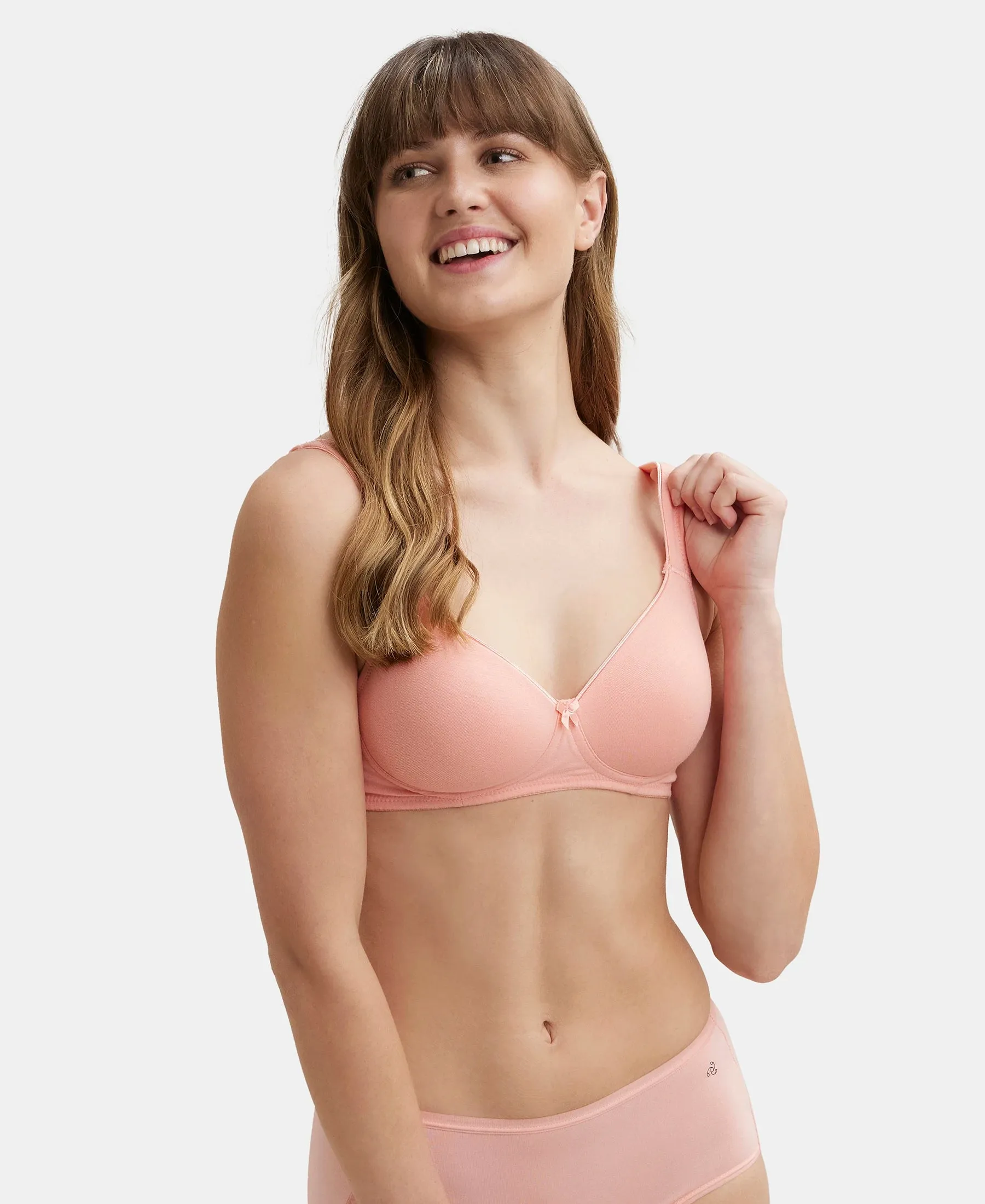 Wirefree Padded Super Combed Cotton Elastane Stretch Full Coverage T-Shirt Bra with Broad Fabric Straps - Candlelight Peach