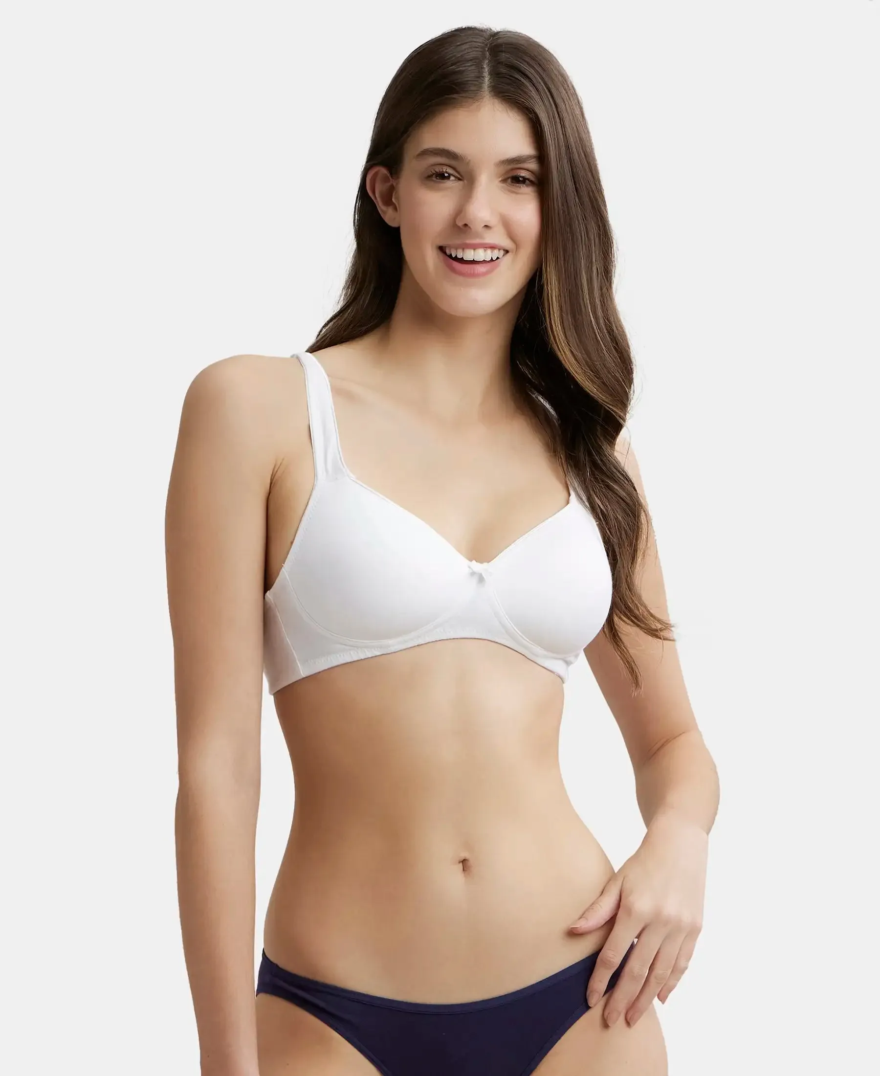 Wirefree Padded Super Combed Cotton Elastane Stretch Full Coverage T-Shirt Bra with Broad Fabric Straps - White