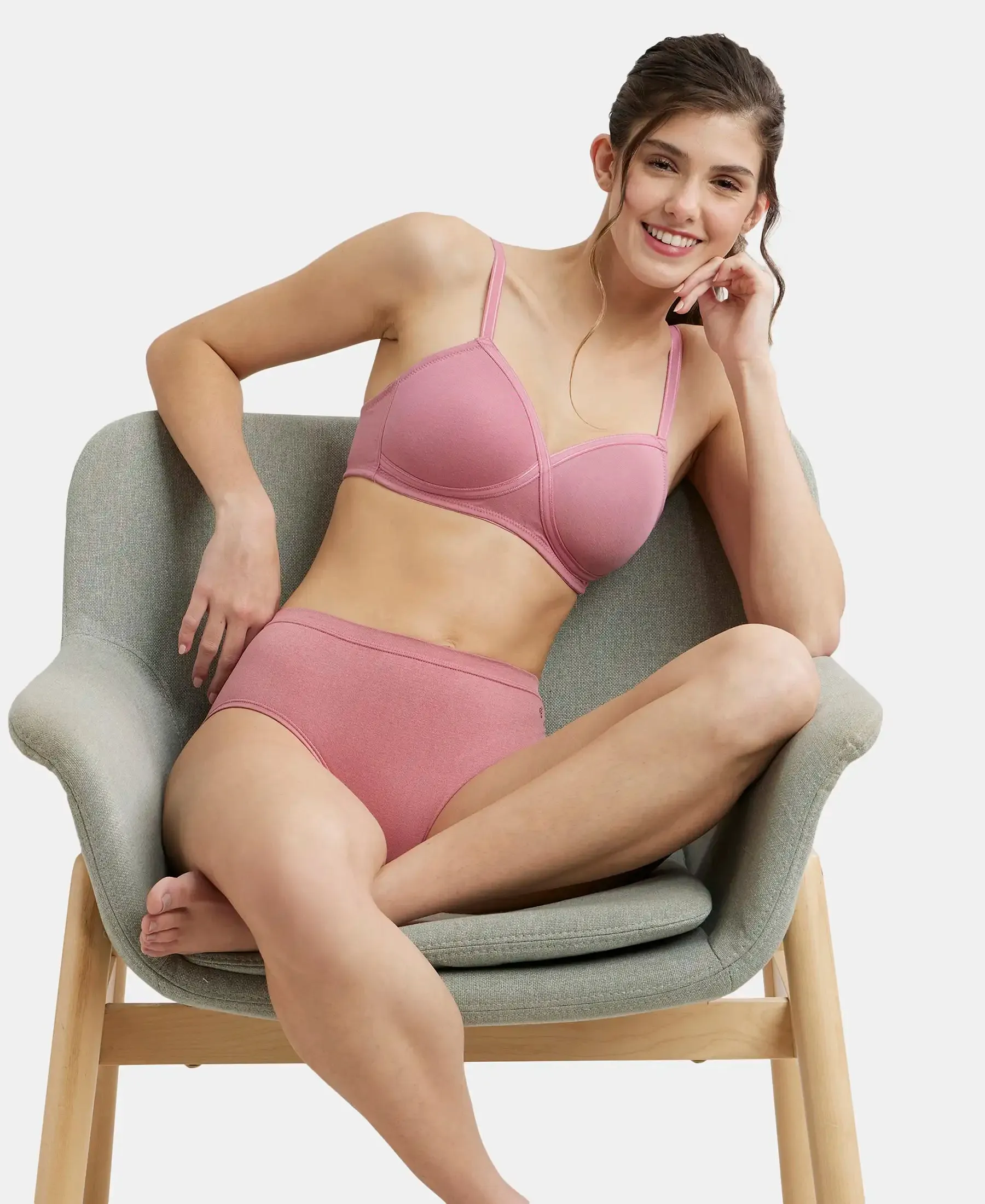 Wirefree Padded Super Combed Cotton Elastane Stretch Full Coverage T-Shirt Bra with Cross Over Fit - Heather Rose
