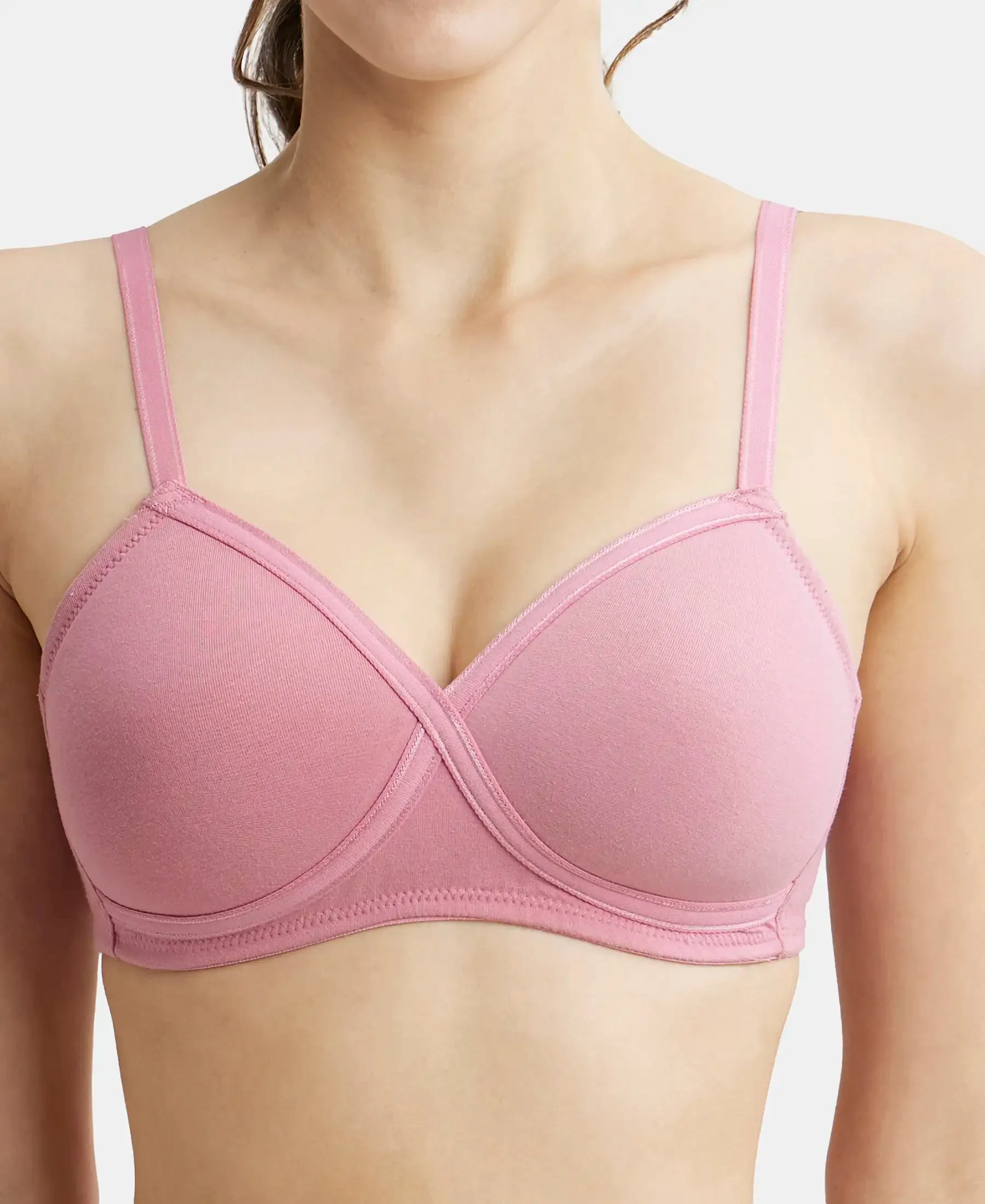 Wirefree Padded Super Combed Cotton Elastane Stretch Full Coverage T-Shirt Bra with Cross Over Fit - Heather Rose