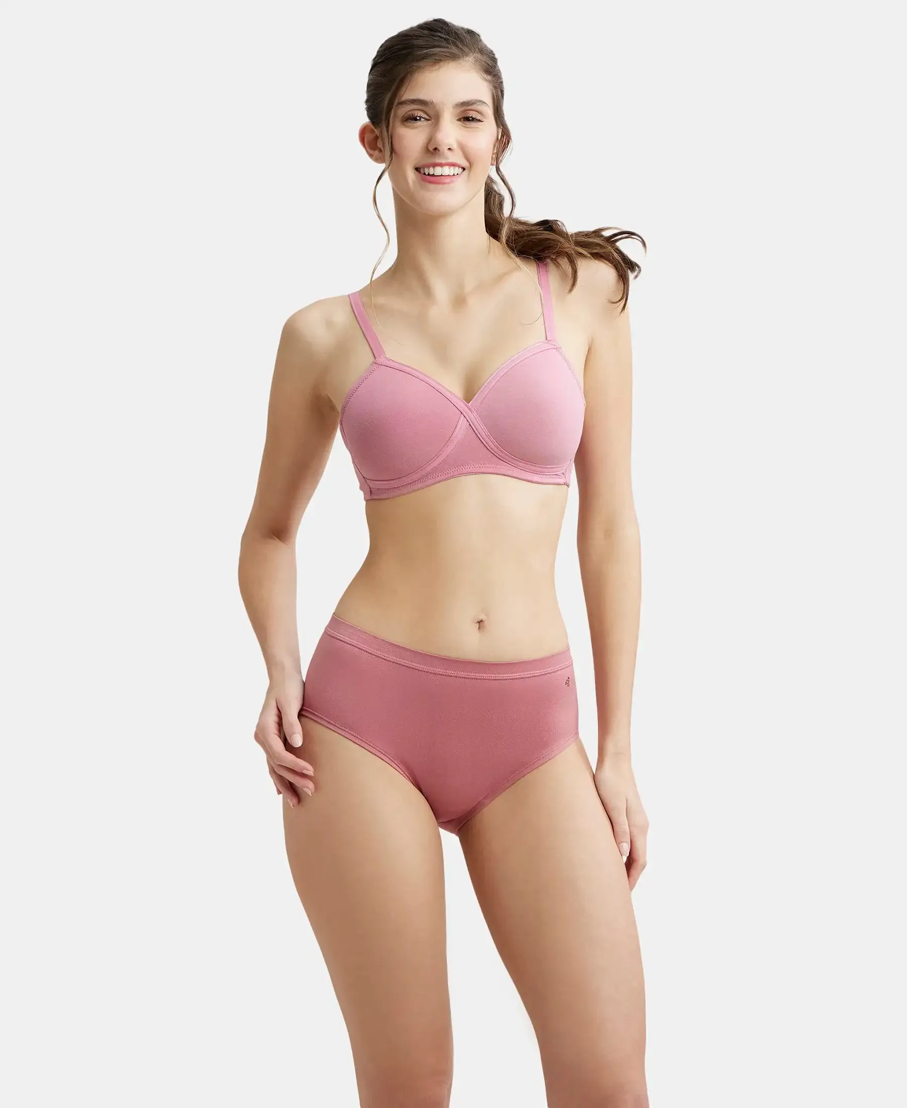 Wirefree Padded Super Combed Cotton Elastane Stretch Full Coverage T-Shirt Bra with Cross Over Fit - Heather Rose