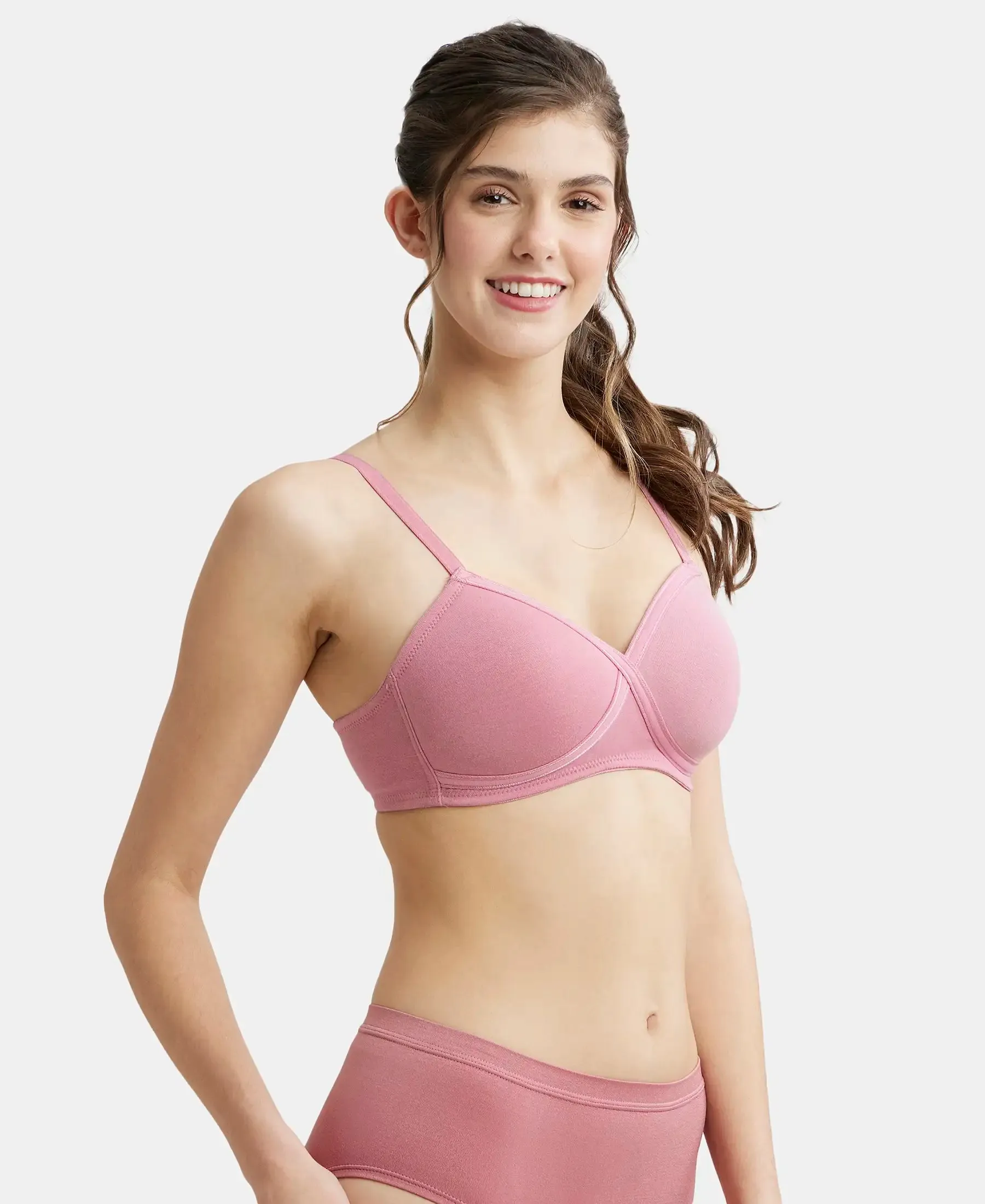 Wirefree Padded Super Combed Cotton Elastane Stretch Full Coverage T-Shirt Bra with Cross Over Fit - Heather Rose