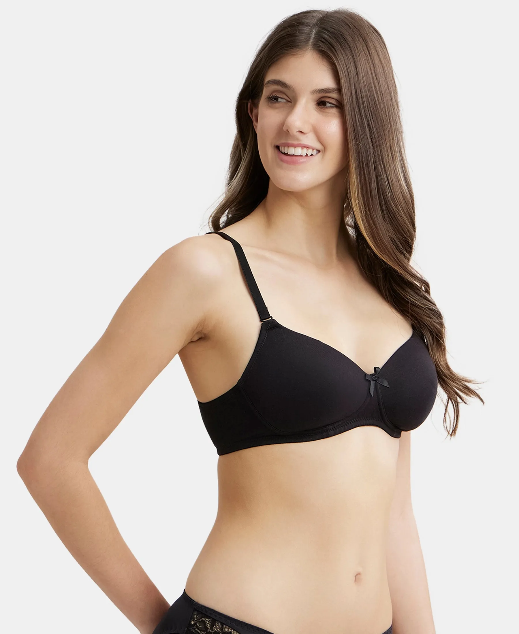 Wirefree Padded Super Combed Cotton Elastane Stretch Medium Coverage T-Shirt Bra with Detachable Straps - Black