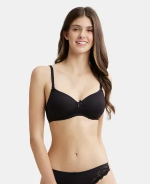 Wirefree Padded Super Combed Cotton Elastane Stretch Medium Coverage T-Shirt Bra with Detachable Straps - Black