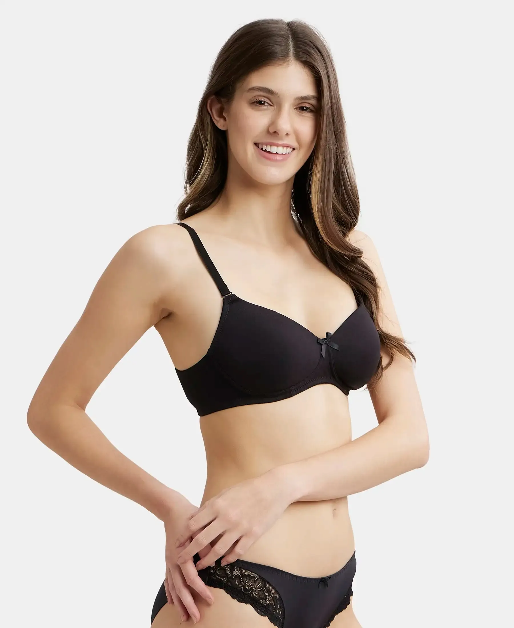 Wirefree Padded Super Combed Cotton Elastane Stretch Medium Coverage T-Shirt Bra with Detachable Straps - Black