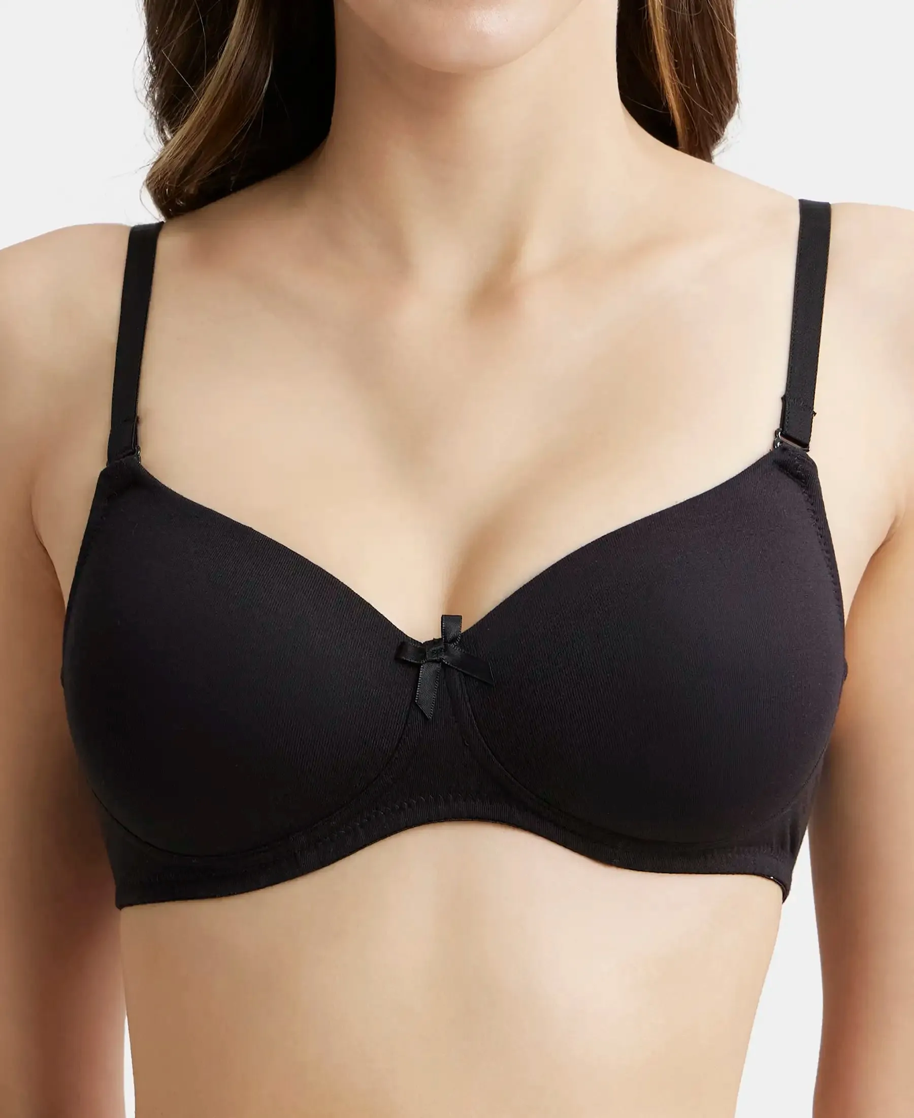 Wirefree Padded Super Combed Cotton Elastane Stretch Medium Coverage T-Shirt Bra with Detachable Straps - Black