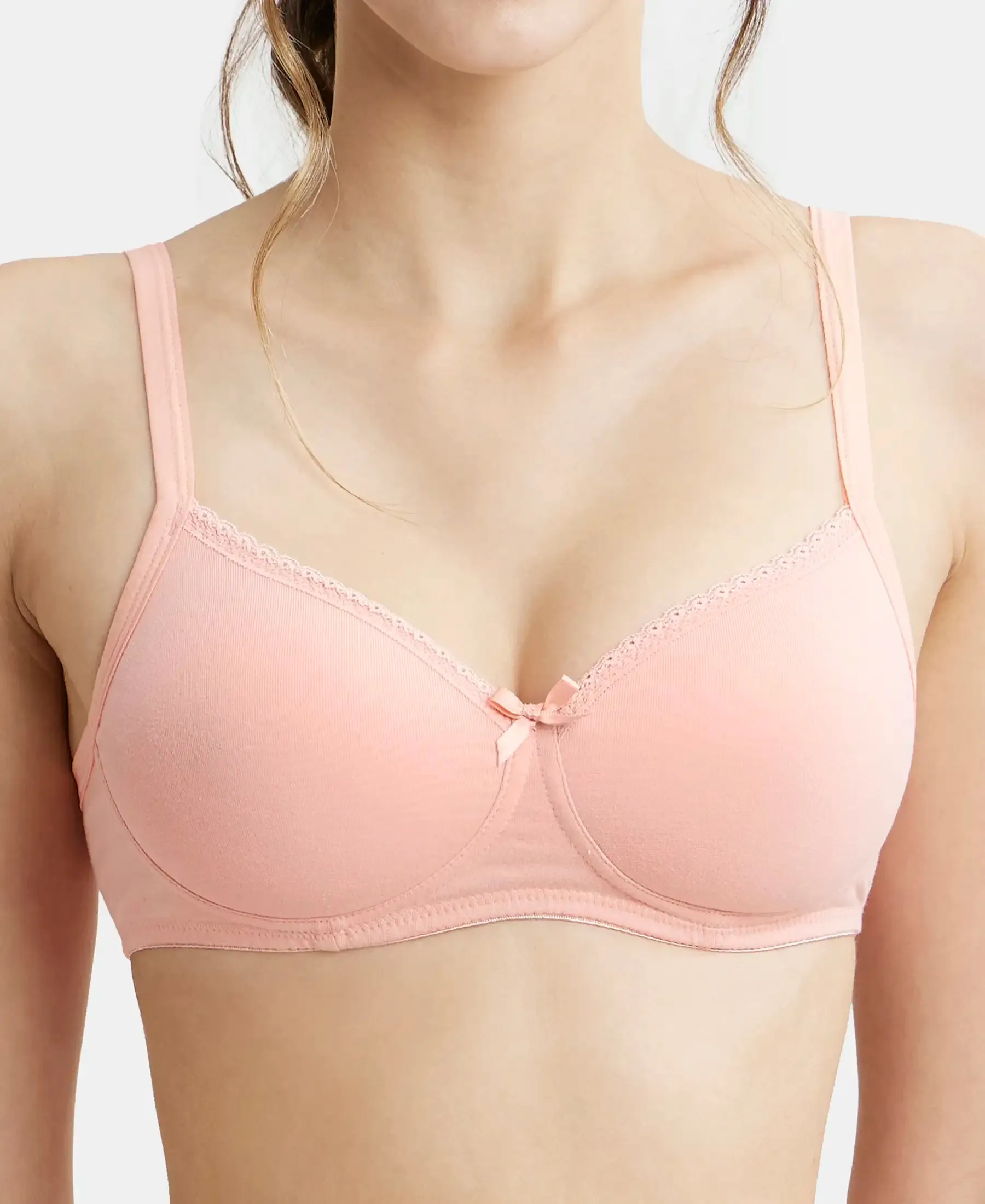 Wirefree Padded Super Combed Cotton Elastane Stretch Medium Coverage T-Shirt Bra with Lace Styling - Candlelight Peach