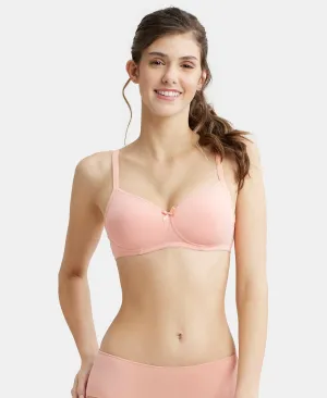 Wirefree Padded Super Combed Cotton Elastane Stretch Medium Coverage T-Shirt Bra with Lace Styling - Candlelight Peach