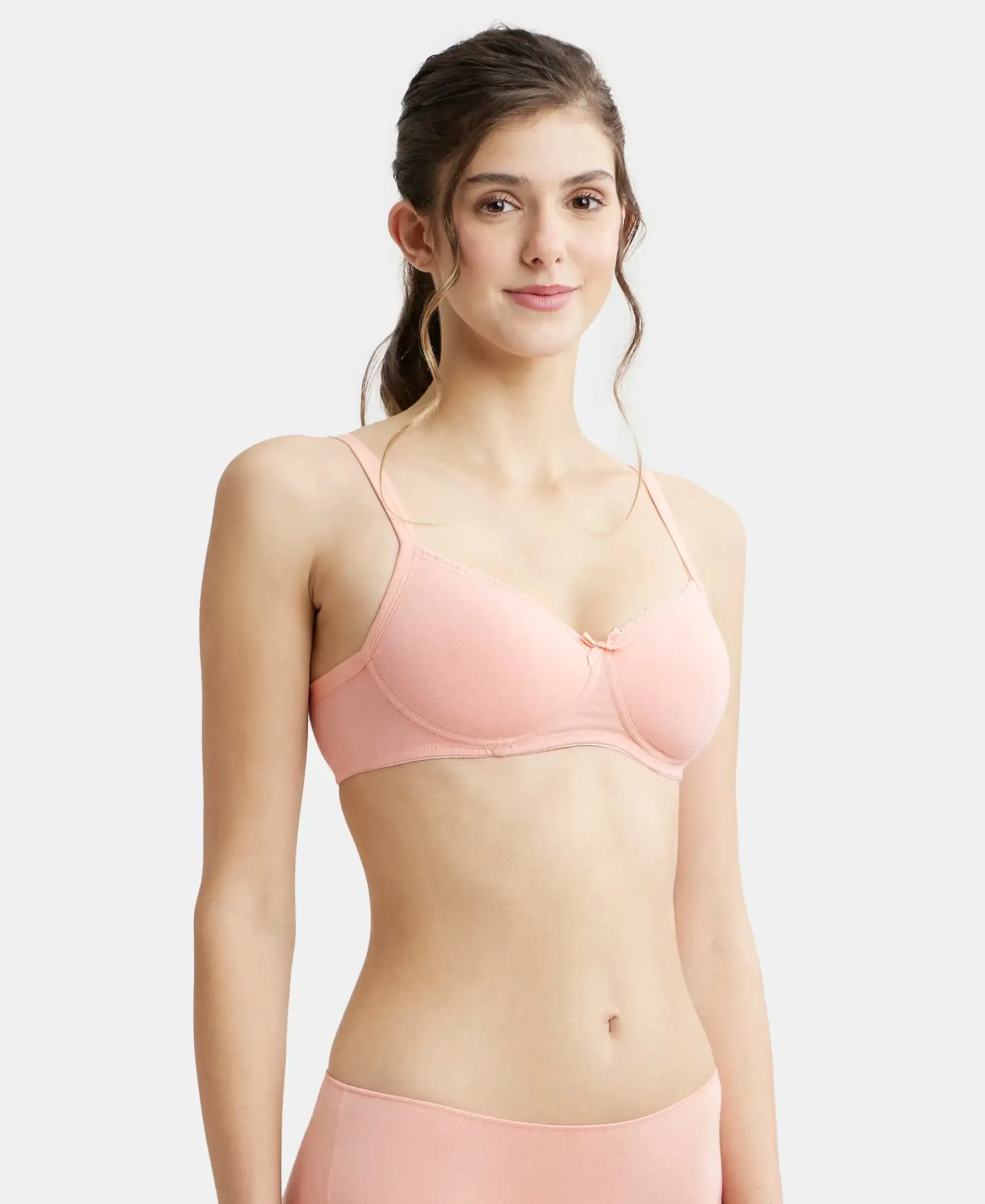 Wirefree Padded Super Combed Cotton Elastane Stretch Medium Coverage T-Shirt Bra with Lace Styling - Candlelight Peach