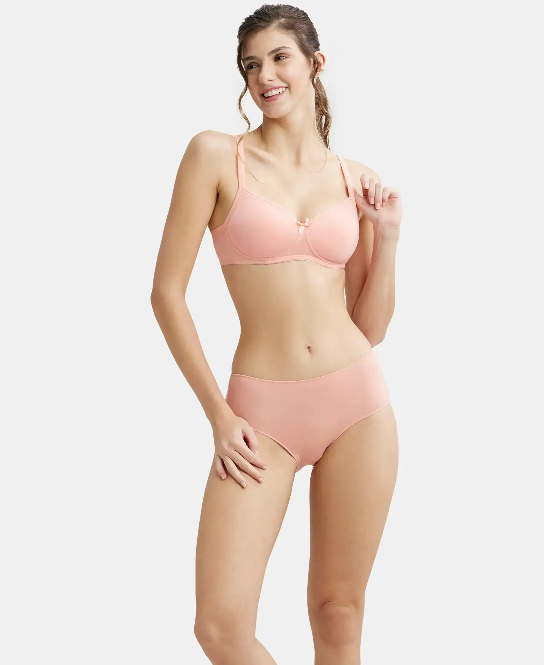 Wirefree Padded Super Combed Cotton Elastane Stretch Medium Coverage T-Shirt Bra with Lace Styling - Candlelight Peach